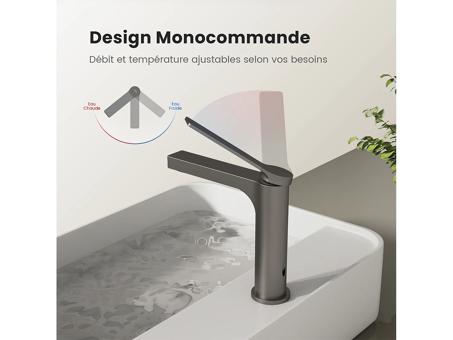 EMKE Mitigeur de lavabo salle de bain anthracite cartouche céramique laiton H.19,5 x L.17,3 cm