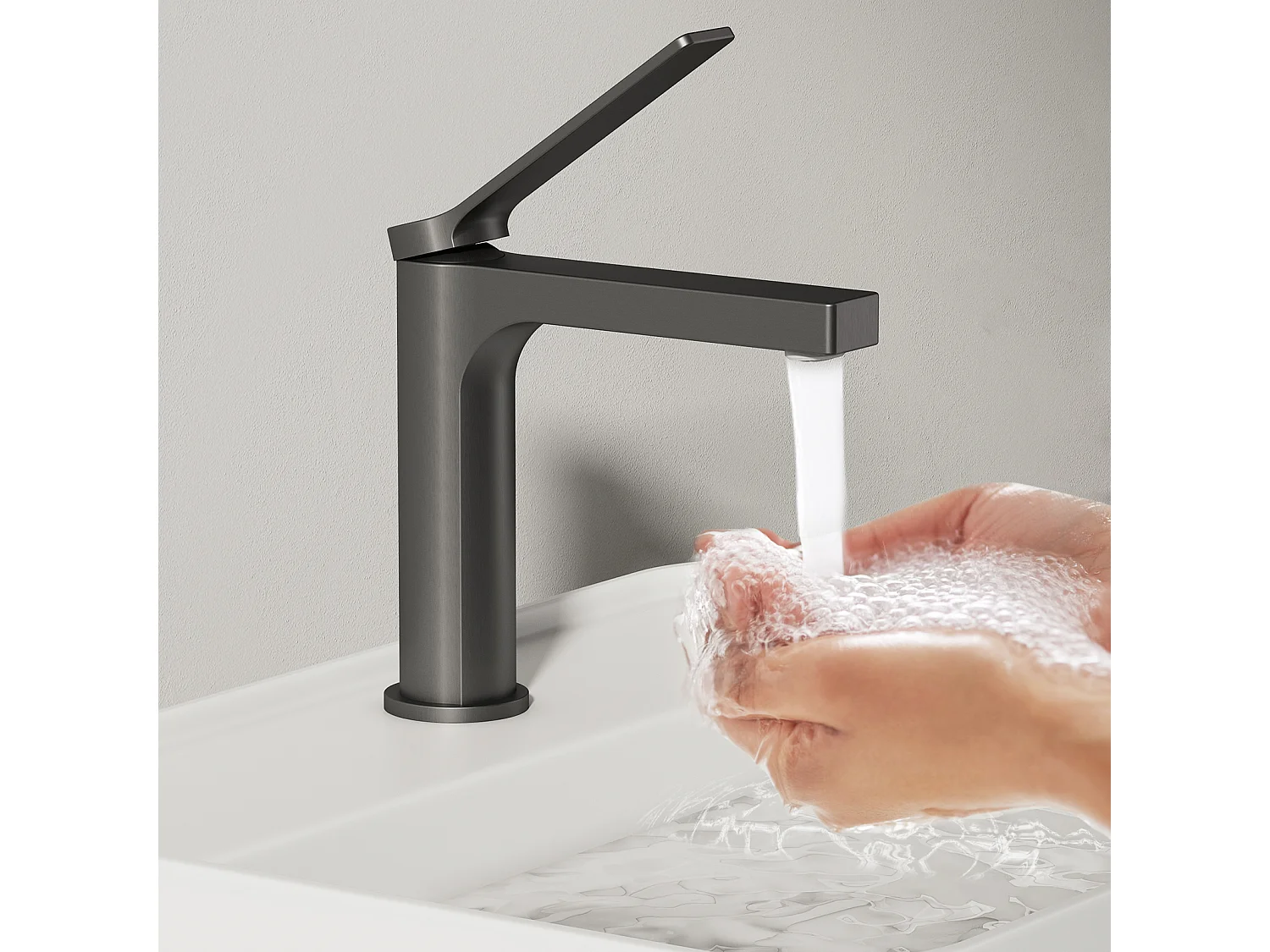 EMKE Mitigeur de lavabo salle de bain anthracite cartouche céramique laiton H.19,5 x L.17,3 cm