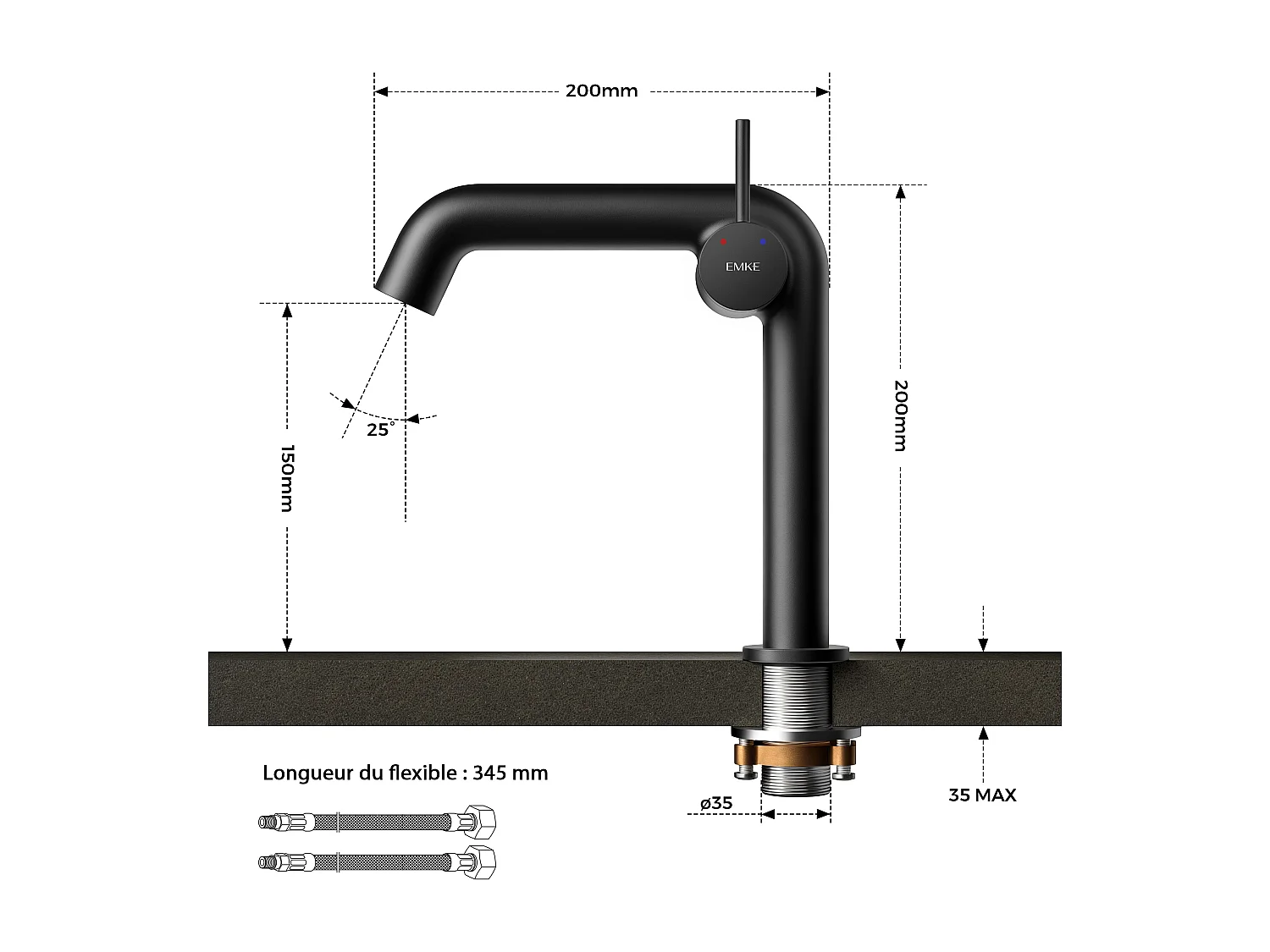 EMKE Mitigeur de lavabo design noir mat en laiton avec cartouche céramique H.22,2x20 cm