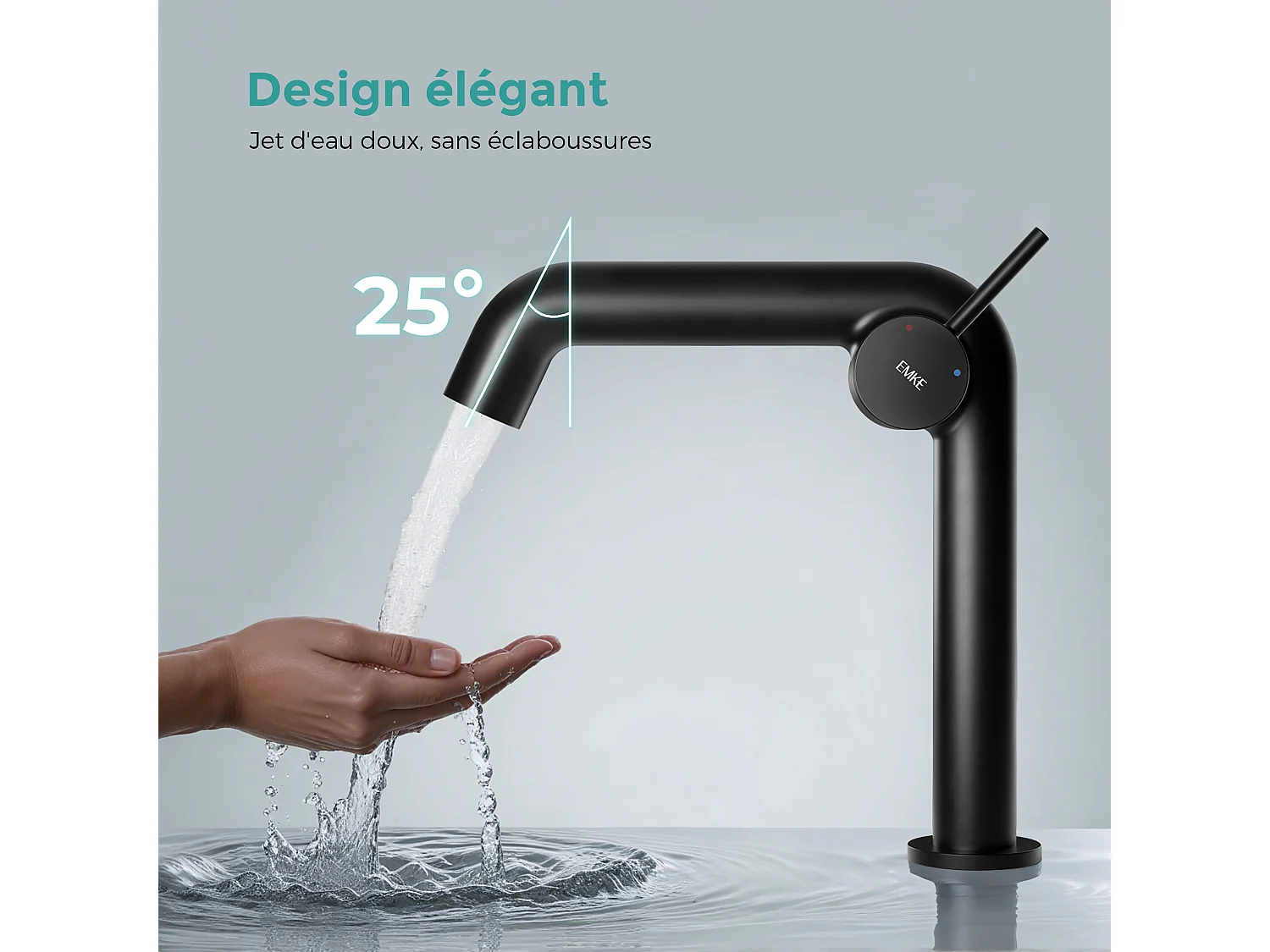 EMKE Mitigeur de lavabo design noir mat en laiton avec cartouche céramique H.22,2x20 cm