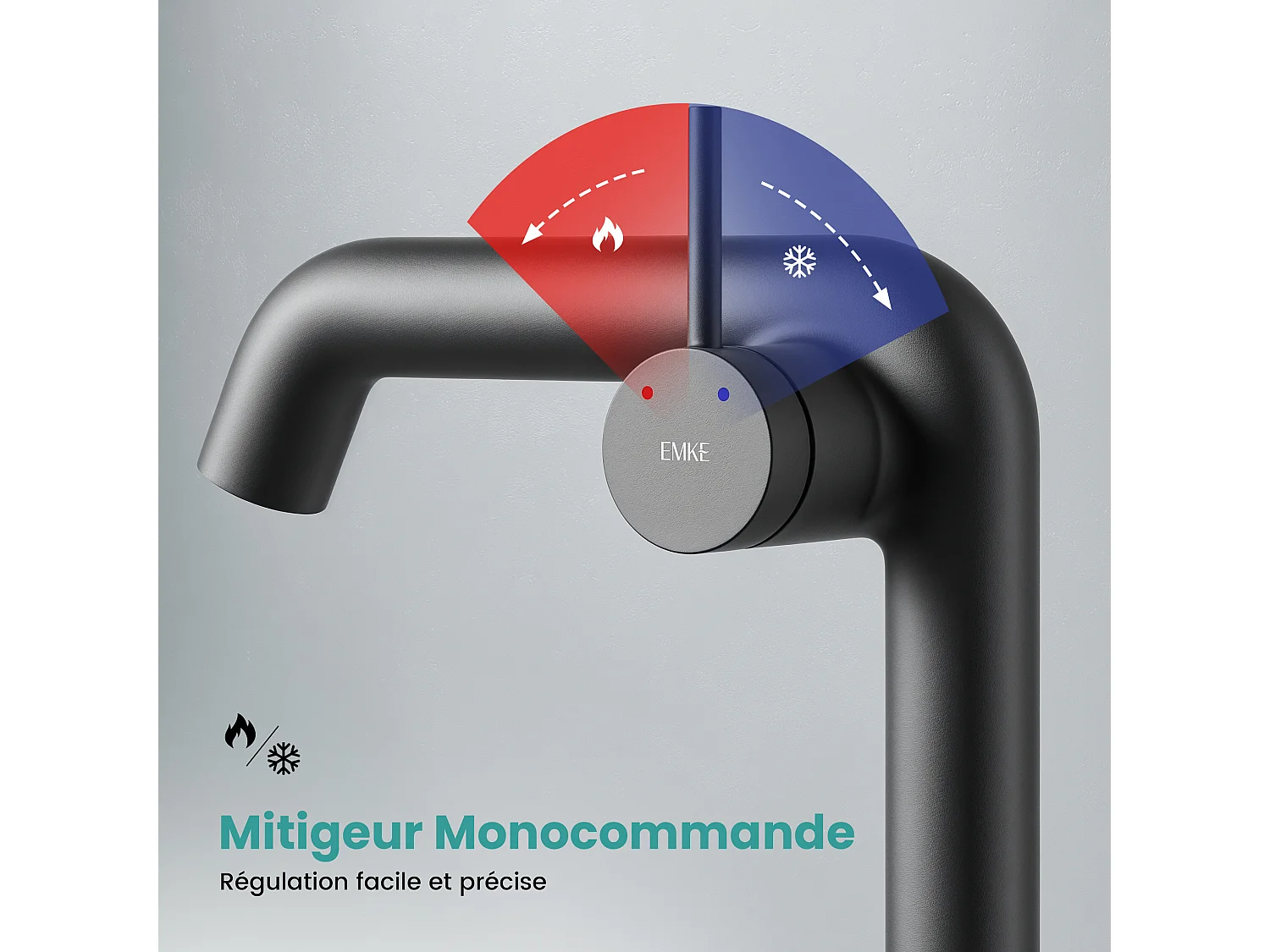 EMKE Mitigeur de lavabo design noir mat en laiton avec cartouche céramique H.22,2x20 cm