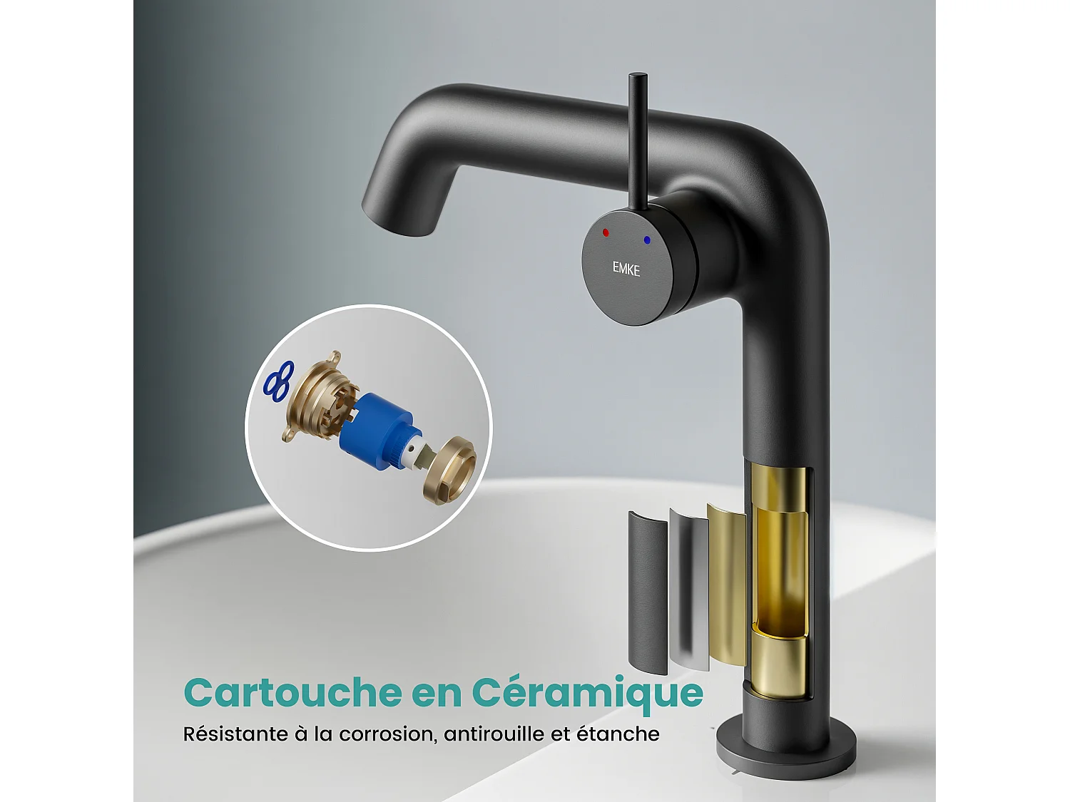 EMKE Mitigeur de lavabo design noir mat en laiton avec cartouche céramique H.22,2x20 cm
