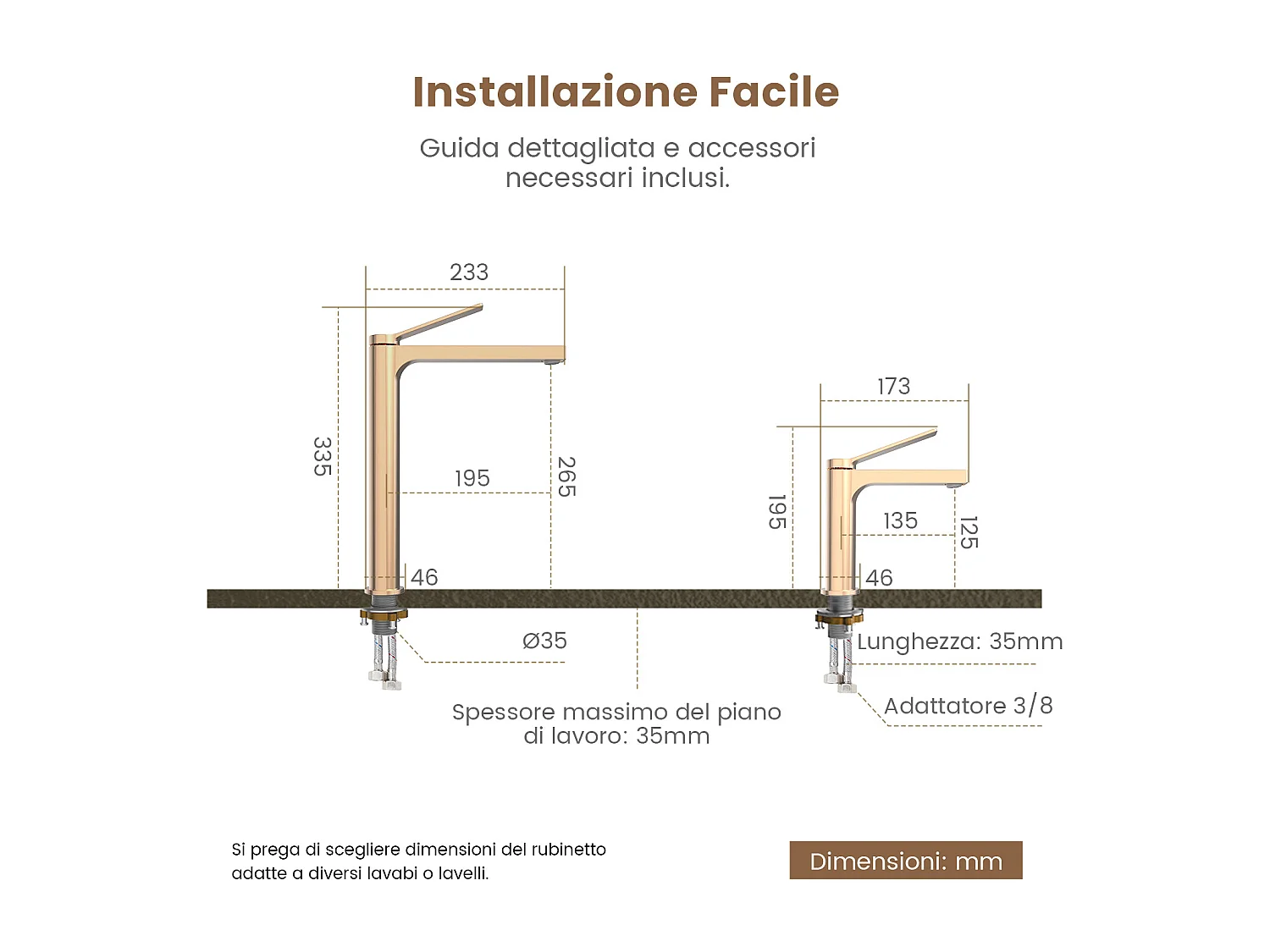 EMKE Mitigeur de lavabo salle de bain or rose cartouche céramique laiton H.19,5 x L.17,3 cm