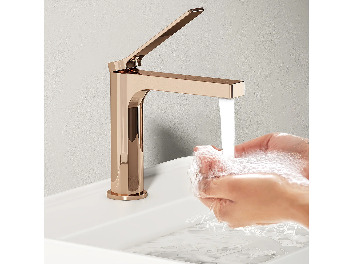 EMKE Mitigeur de lavabo salle de bain or rose cartouche céramique laiton H.19,5 x L.17,3 cm