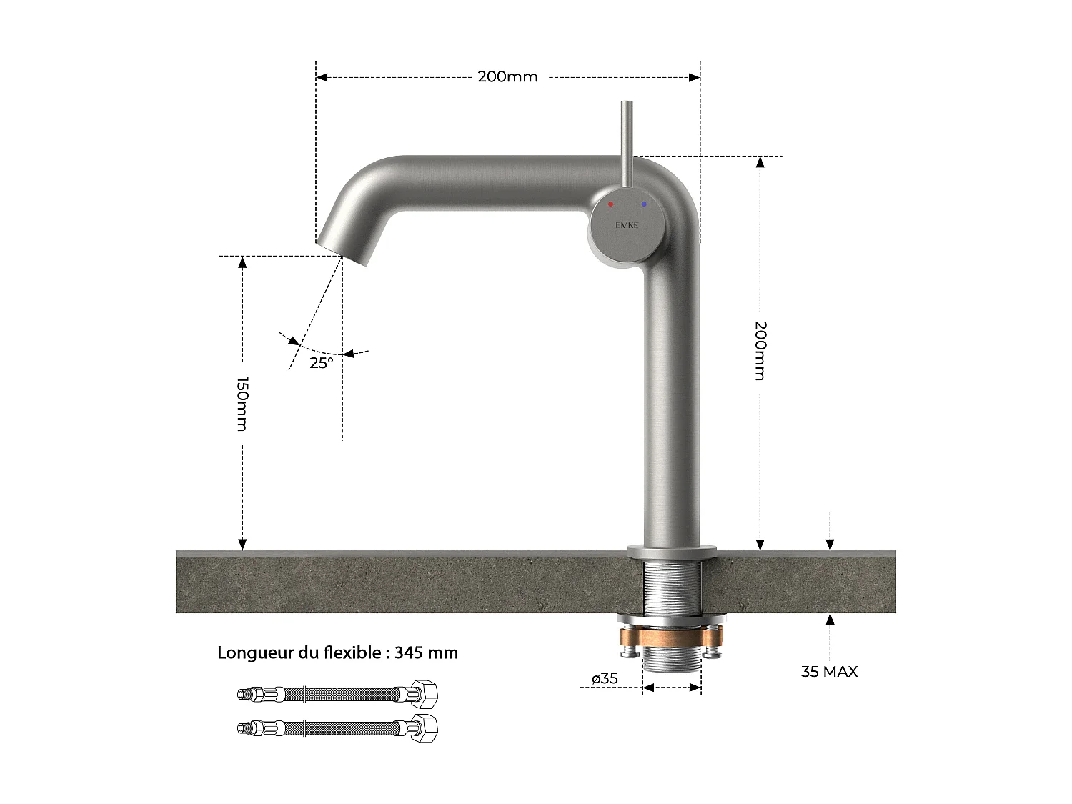 EMKE Mitigeur de lavabo design anthracite en laiton avec cartouche céramique H.22,2x20 cm