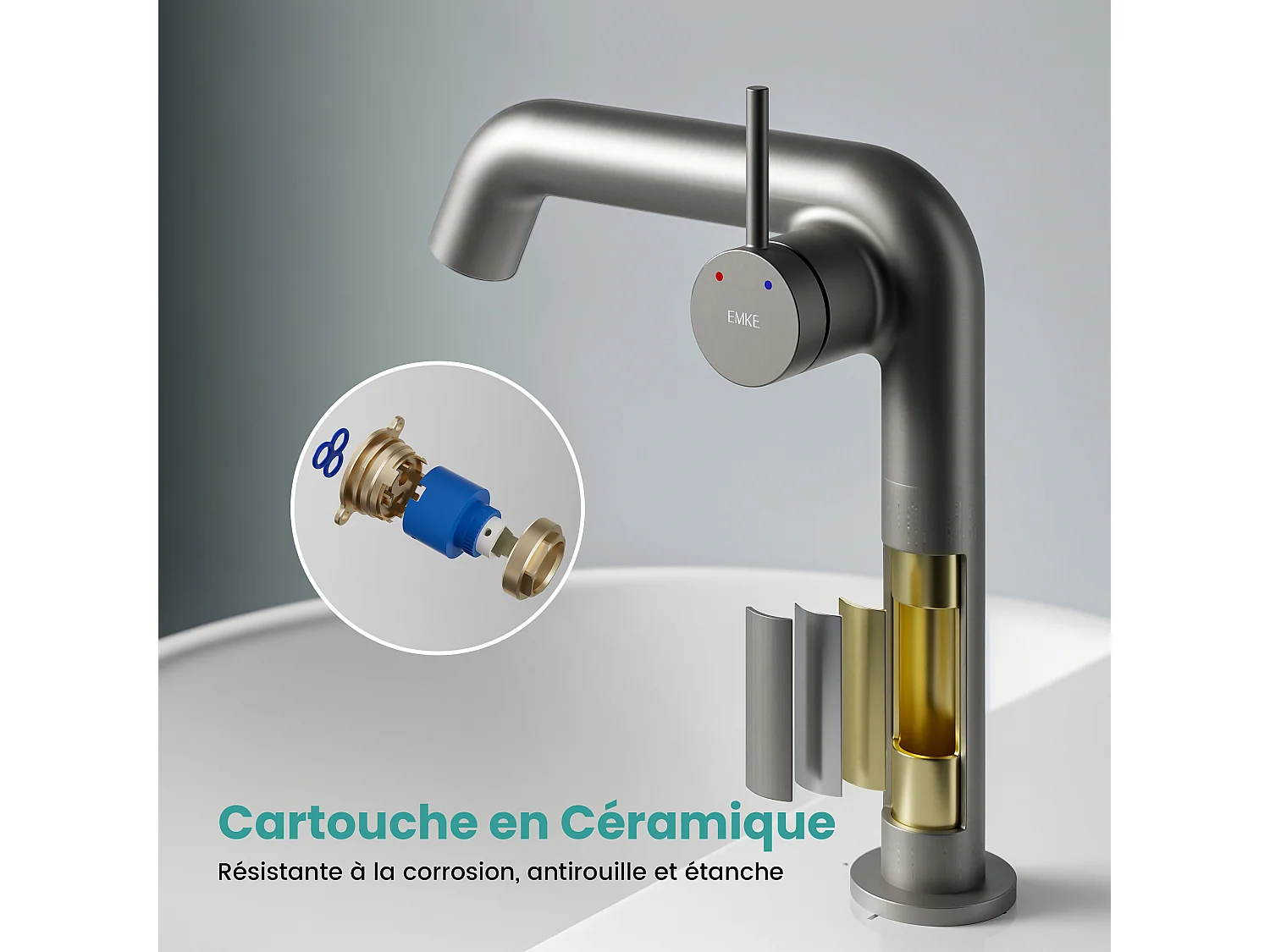 EMKE Mitigeur de lavabo design anthracite en laiton avec cartouche céramique H.22,2x20 cm