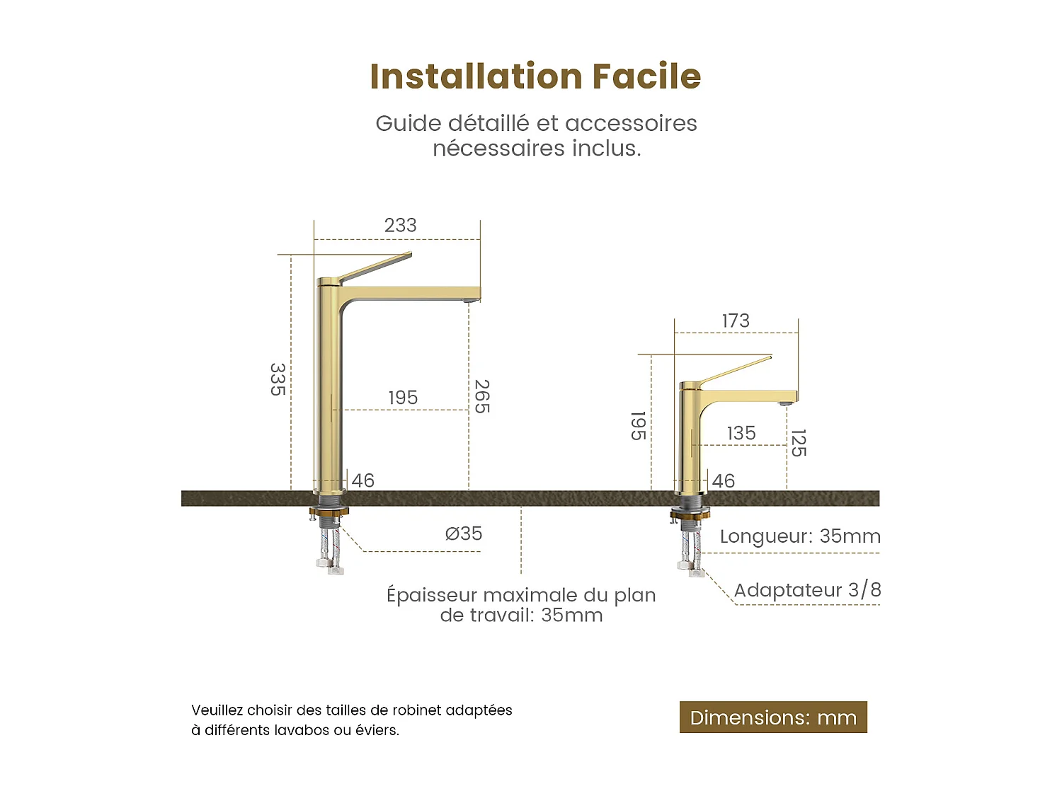 EMKE Mitigeur de lavabo haut salle de bain or champagne cartouche céramique laiton H.33,5 x L.23,3 cm