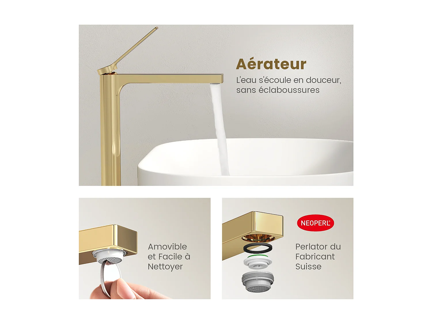 EMKE Mitigeur de lavabo haut salle de bain or champagne cartouche céramique laiton H.33,5 x L.23,3 cm