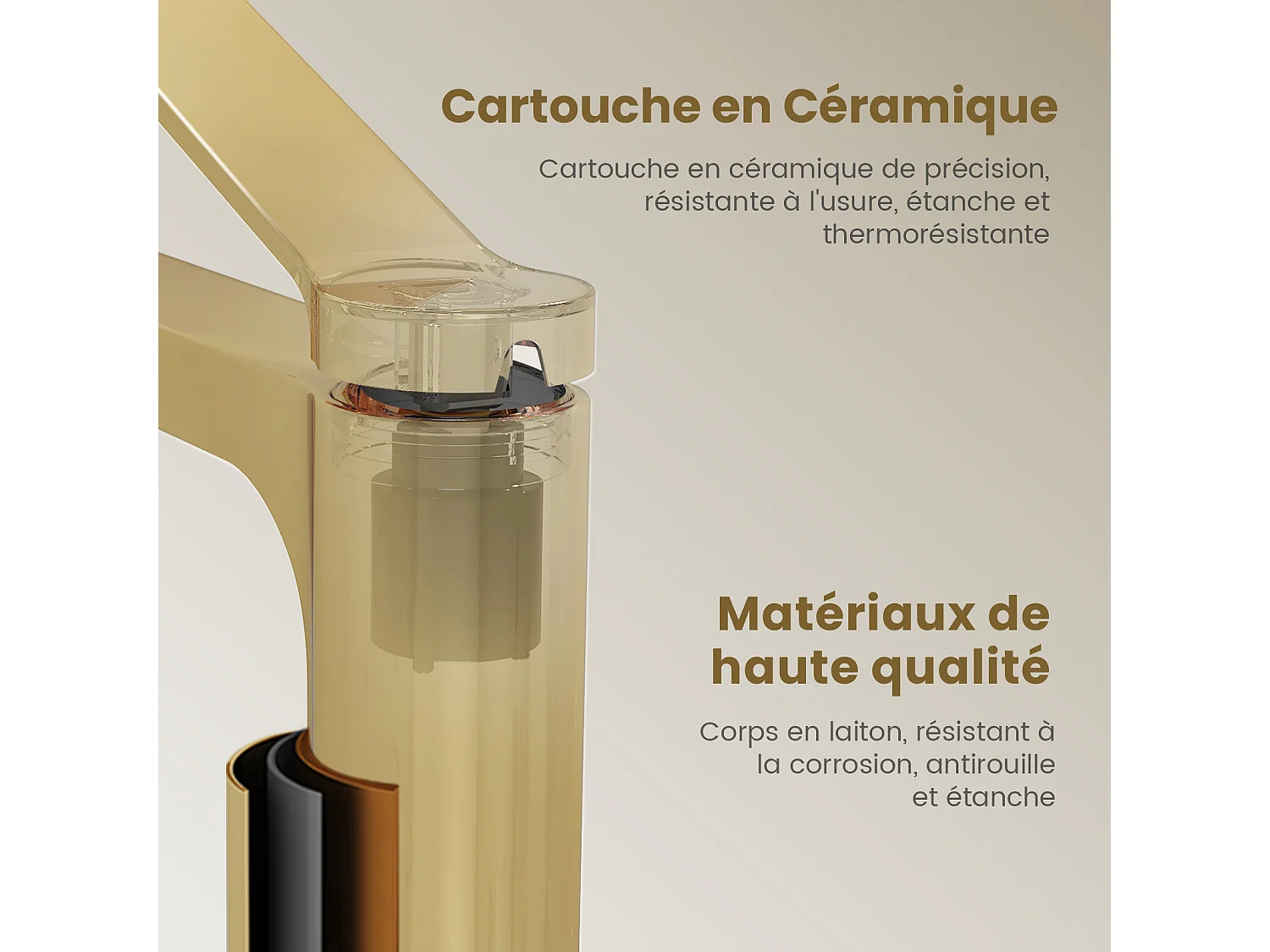 EMKE Mitigeur de lavabo haut salle de bain or champagne cartouche céramique laiton H.33,5 x L.23,3 cm