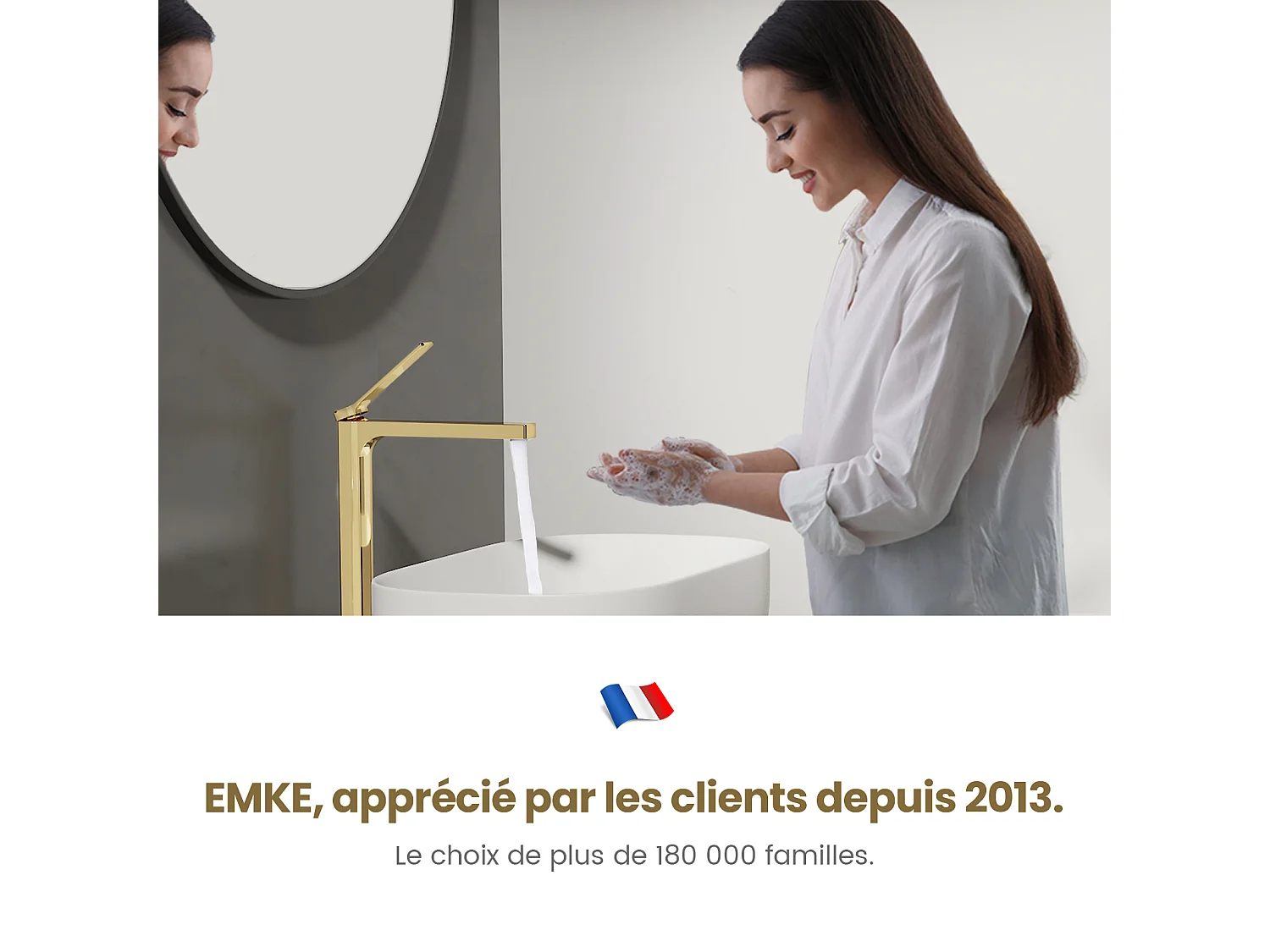 EMKE Mitigeur de lavabo haut salle de bain or champagne cartouche céramique laiton H.33,5 x L.23,3 cm