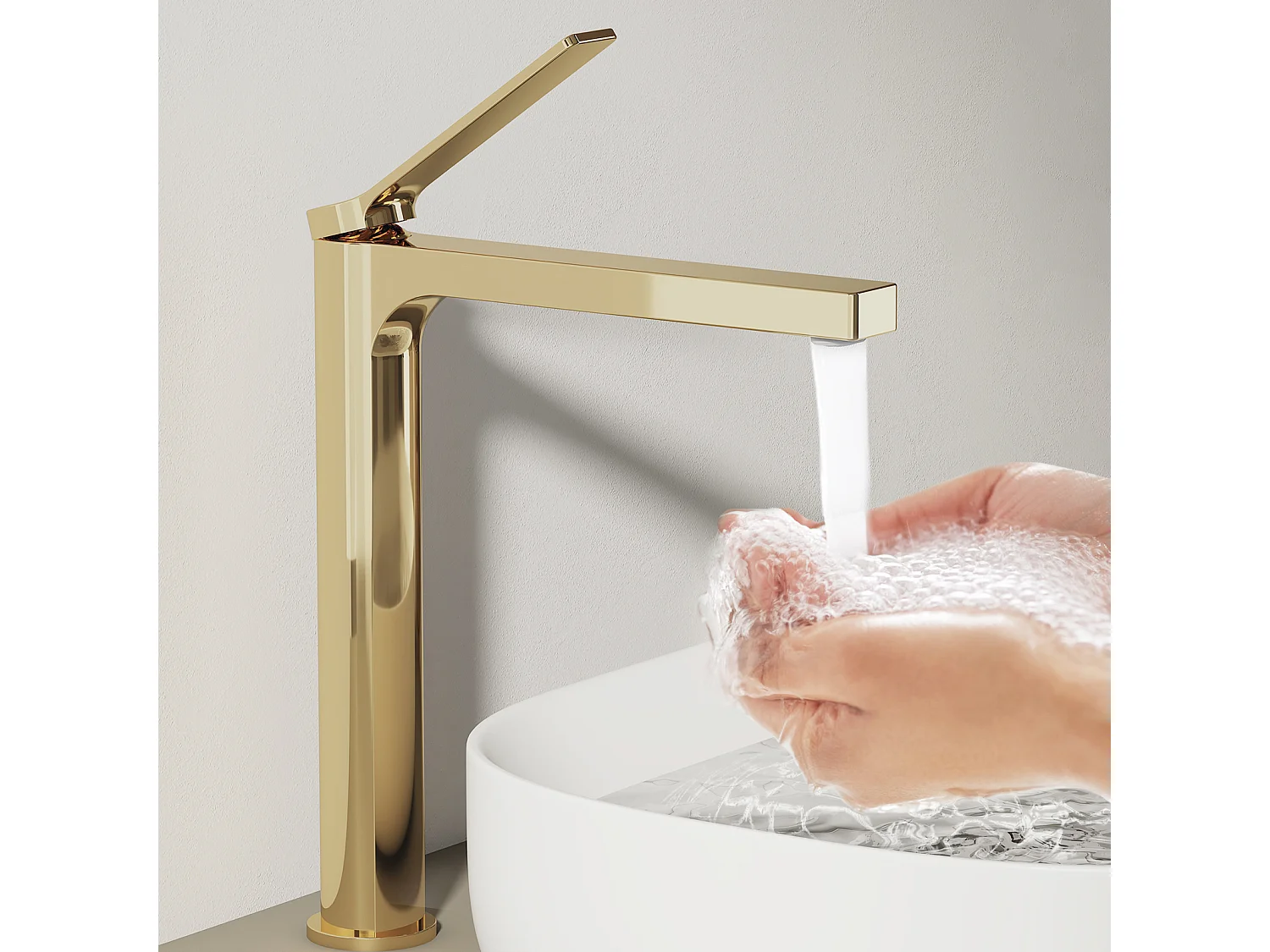 EMKE Mitigeur de lavabo haut salle de bain or champagne cartouche céramique laiton H.33,5 x L.23,3 cm