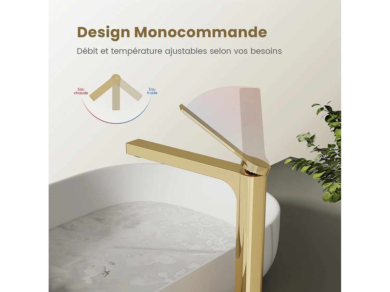 EMKE Mitigeur de lavabo haut salle de bain or champagne cartouche céramique laiton H.33,5 x L.23,3 cm