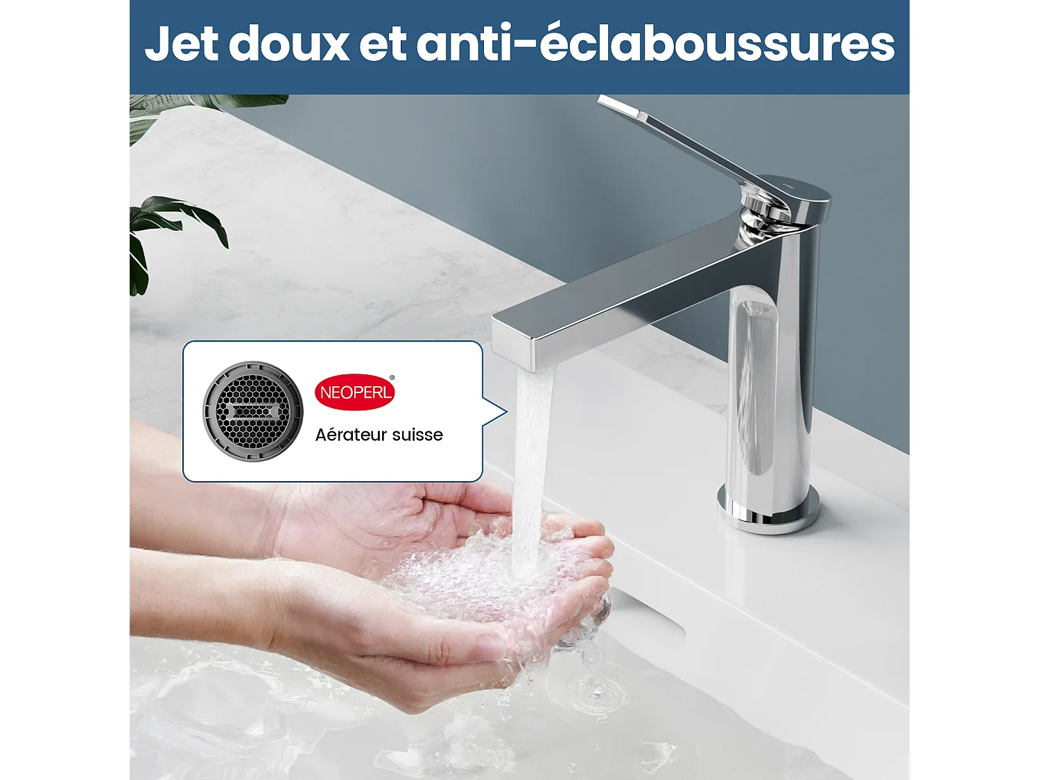 EMKE Mitigeur de lavabo salle de bain chromé cartouche céramique laiton H.19,5 x L.17,3 cm