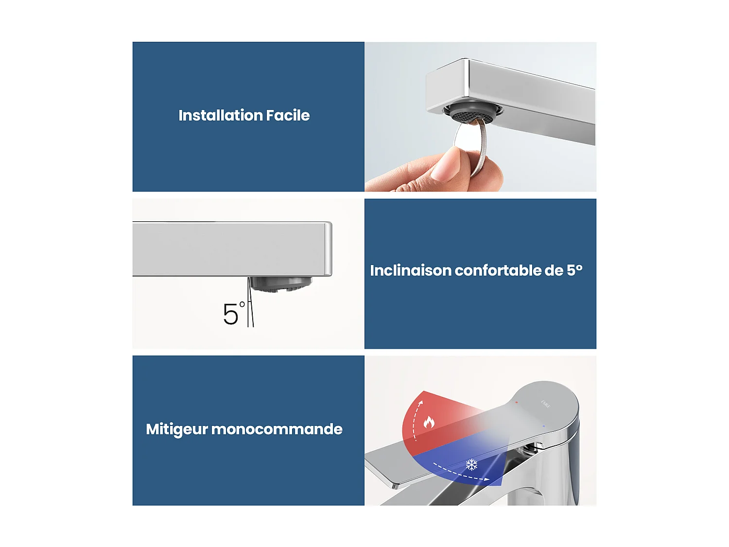 EMKE Mitigeur de lavabo salle de bain chromé cartouche céramique laiton H.19,5 x L.17,3 cm
