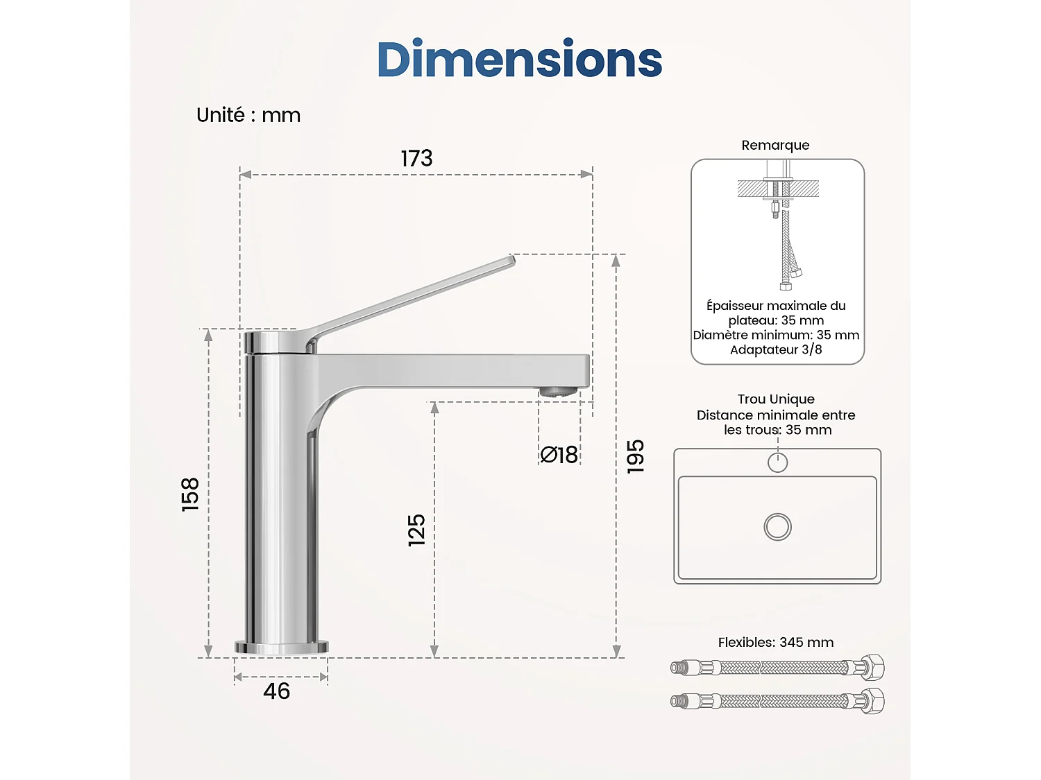 EMKE Mitigeur de lavabo salle de bain chromé cartouche céramique laiton H.19,5 x L.17,3 cm