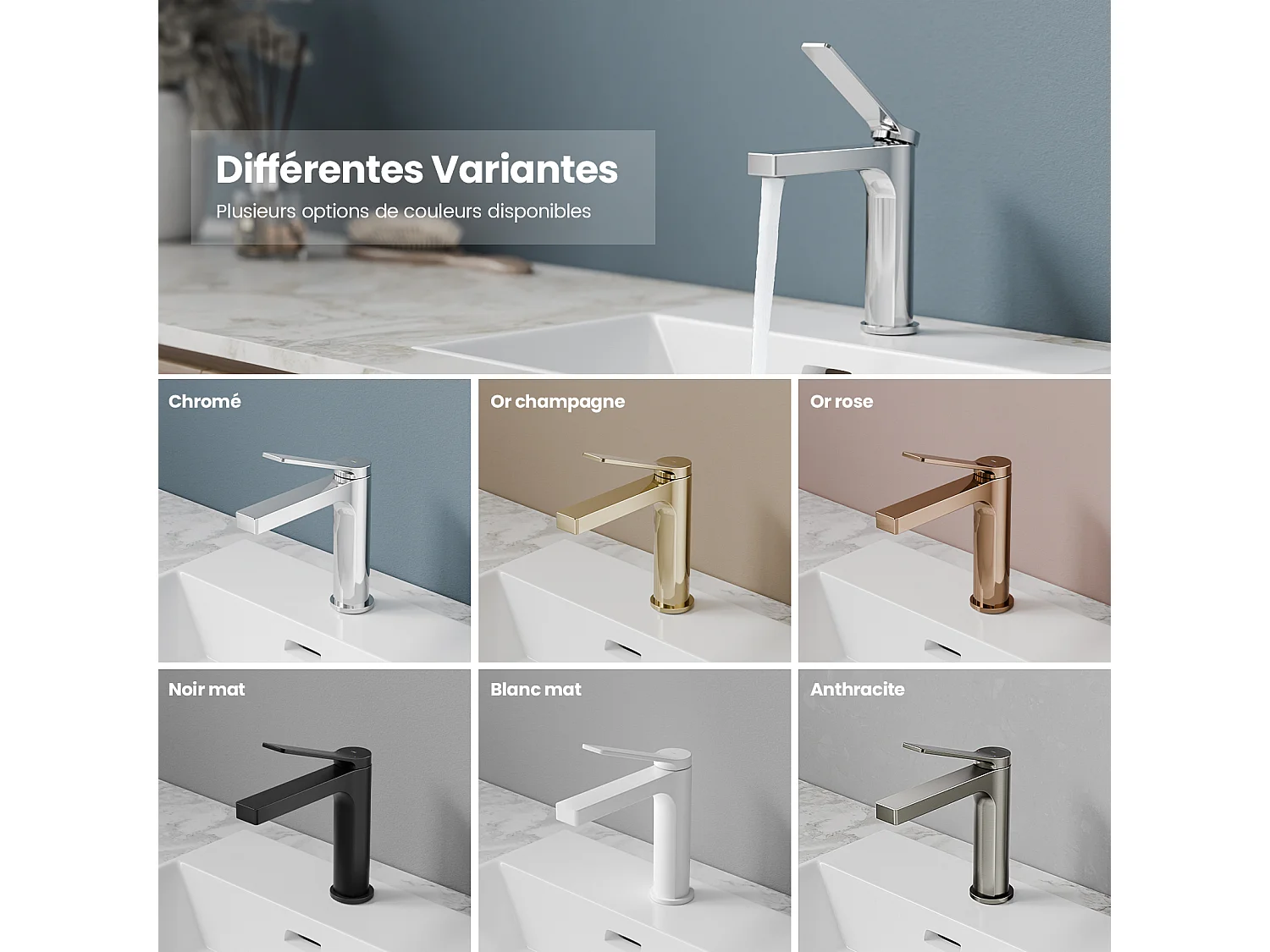 EMKE Mitigeur de lavabo salle de bain chromé cartouche céramique laiton H.19,5 x L.17,3 cm