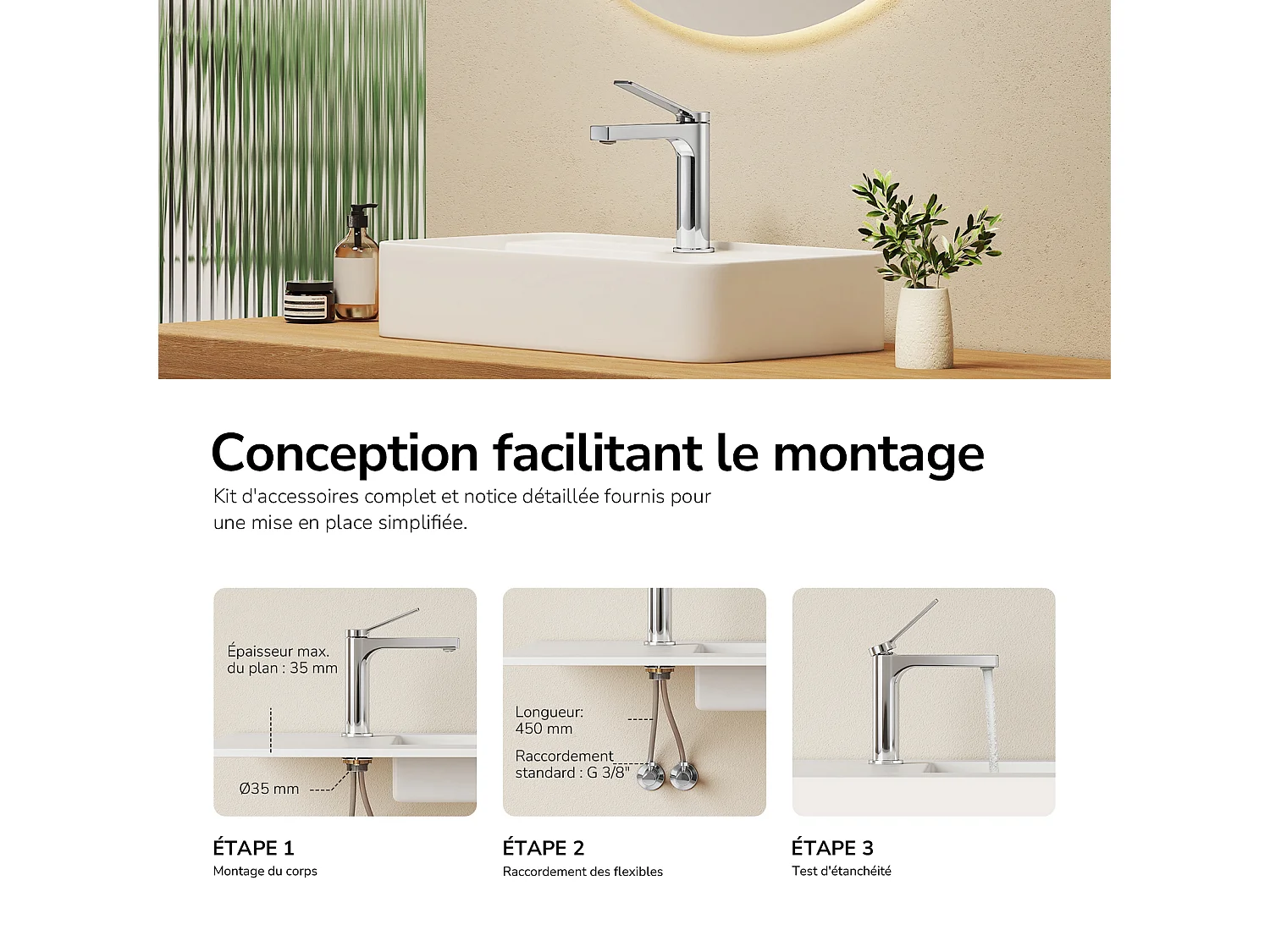 EMKE Rubinetto lavabo bagno miscelatore monocomando in ottone cartuccia ceramica cromato H.19,5 cm