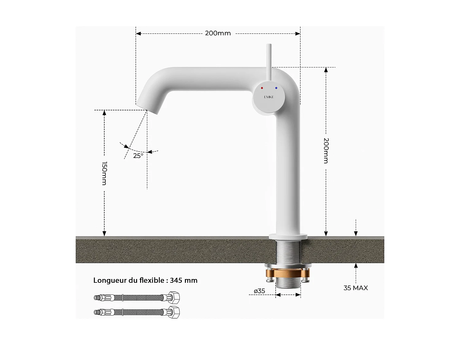 EMKE Mitigeur de lavabo design blanc mat en laiton avec cartouche céramique H.22,2x20 cm