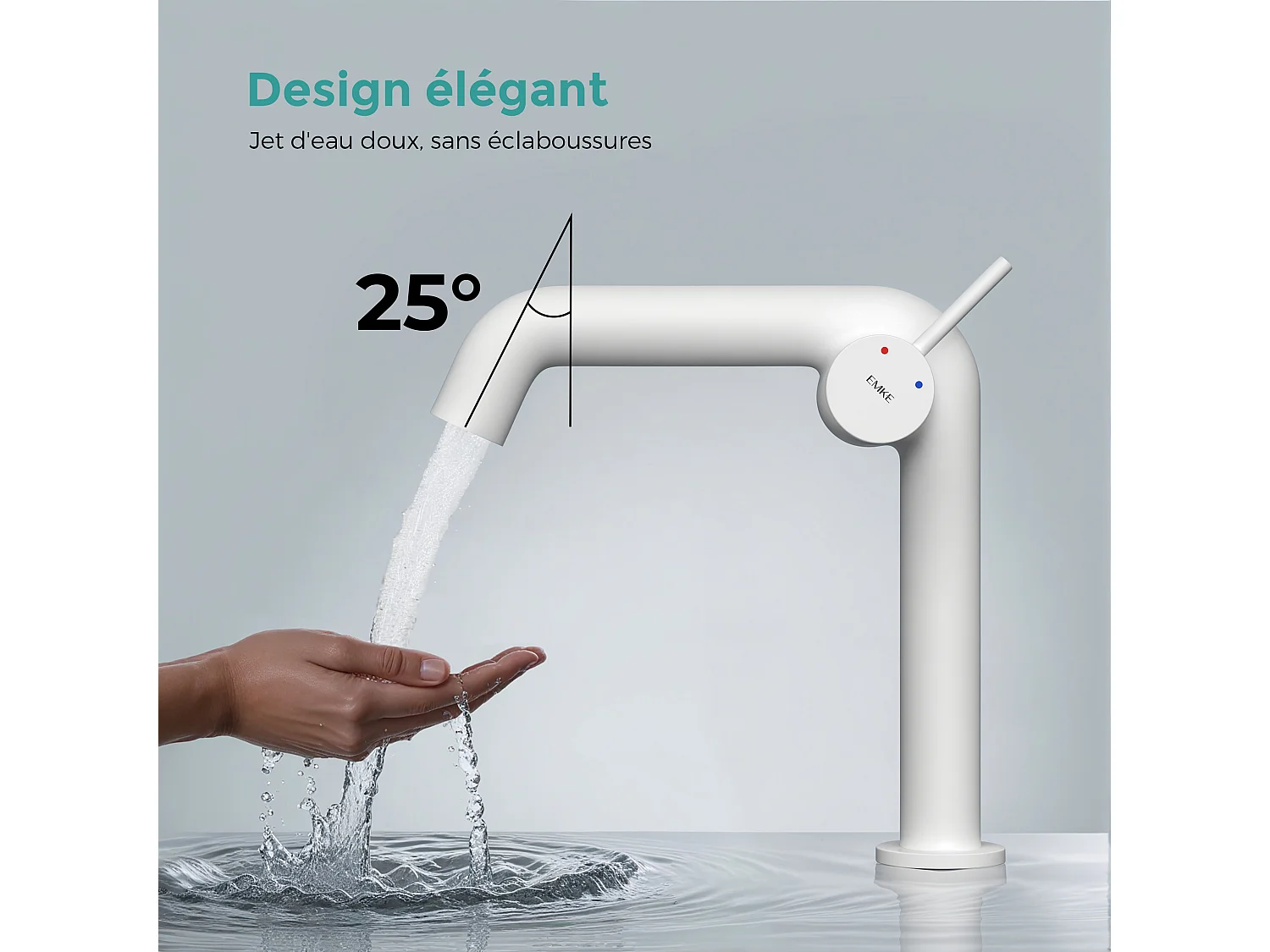 EMKE Mitigeur de lavabo design blanc mat en laiton avec cartouche céramique H.22,2x20 cm