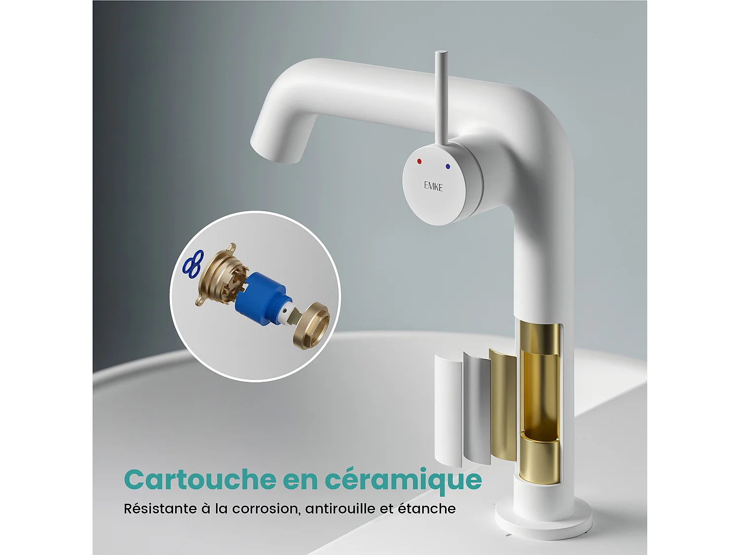 EMKE Mitigeur de lavabo design blanc mat en laiton avec cartouche céramique H.22,2x20 cm