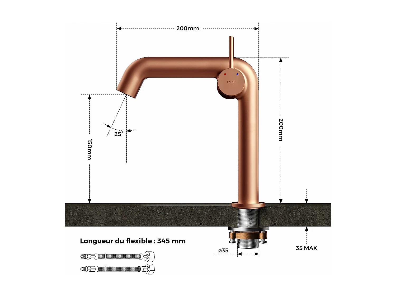 EMKE Mitigeur de lavabo design or rose en laiton avec cartouche céramique H.22,2x20 cm