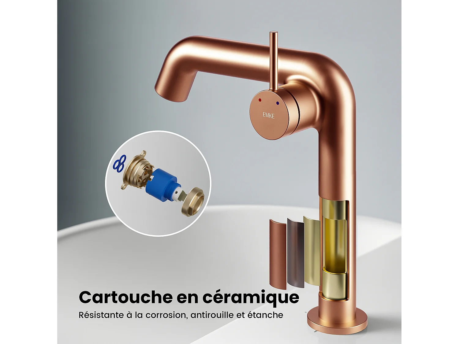 EMKE Mitigeur de lavabo design or rose en laiton avec cartouche céramique H.22,2x20 cm