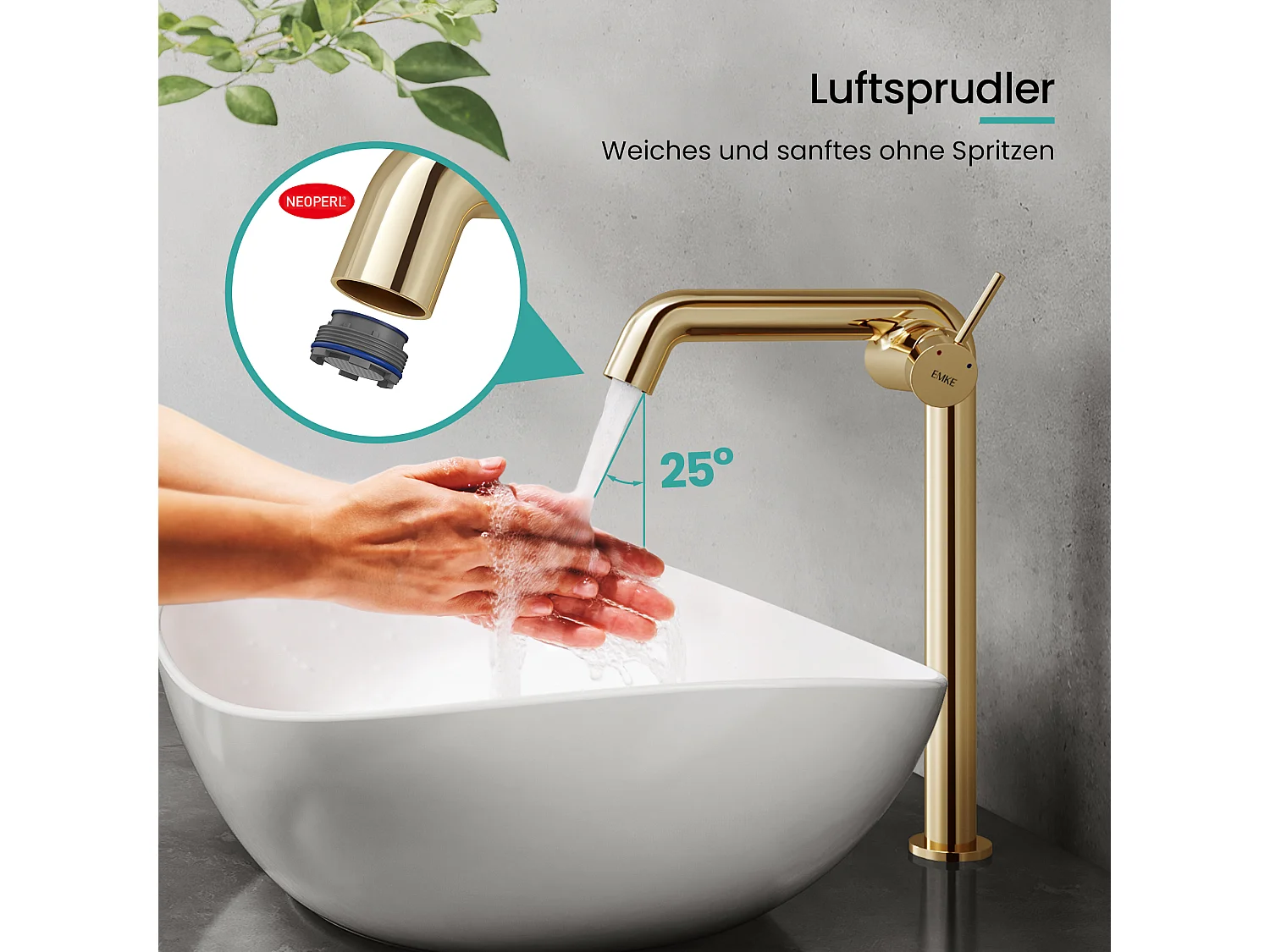 EMKE Mitigeur de lavabo haut design or champagne en laiton avec cartouche céramique H.33,2x22 cm