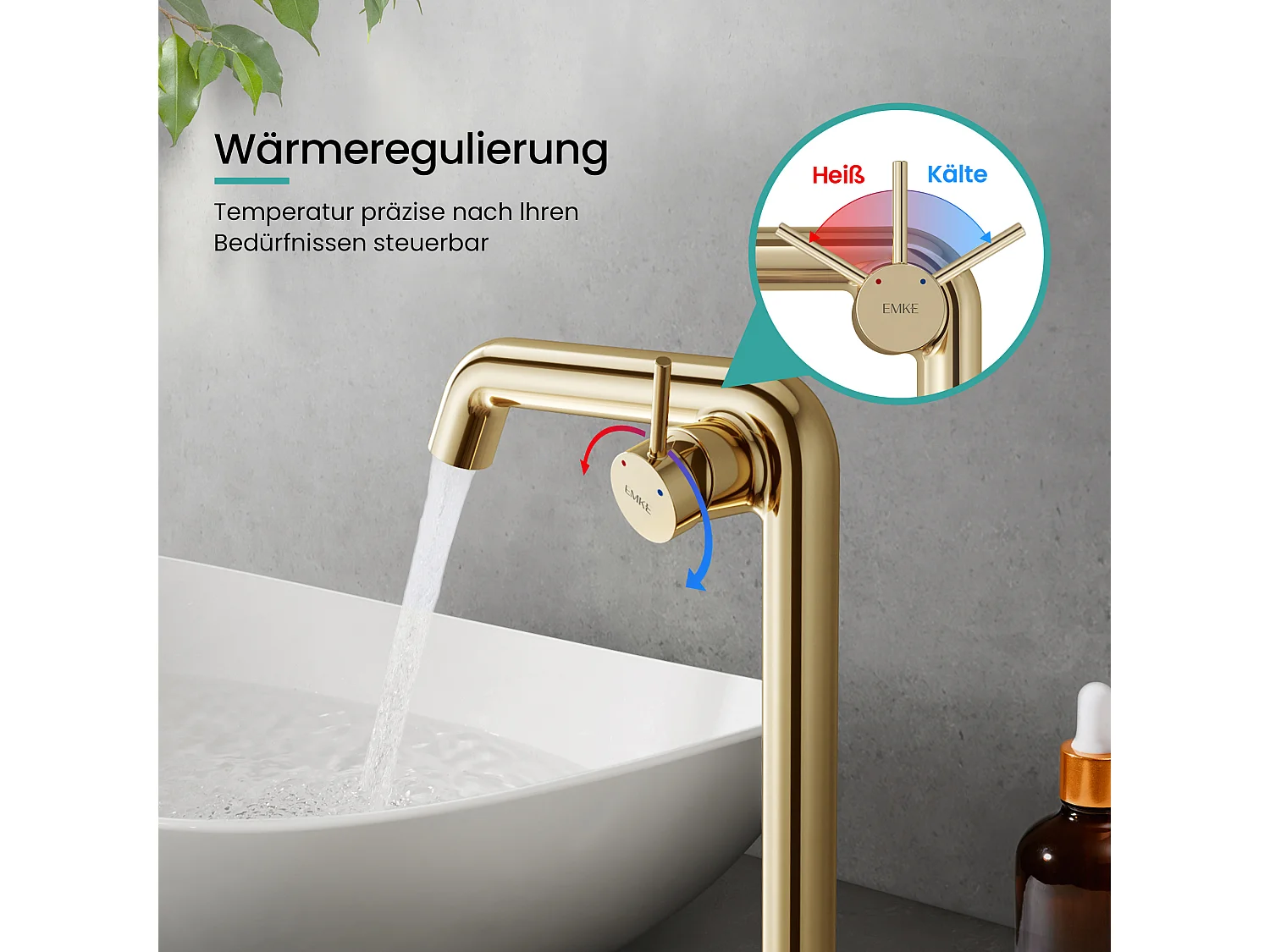 EMKE Mitigeur de lavabo haut design or champagne en laiton avec cartouche céramique H.33,2x22 cm