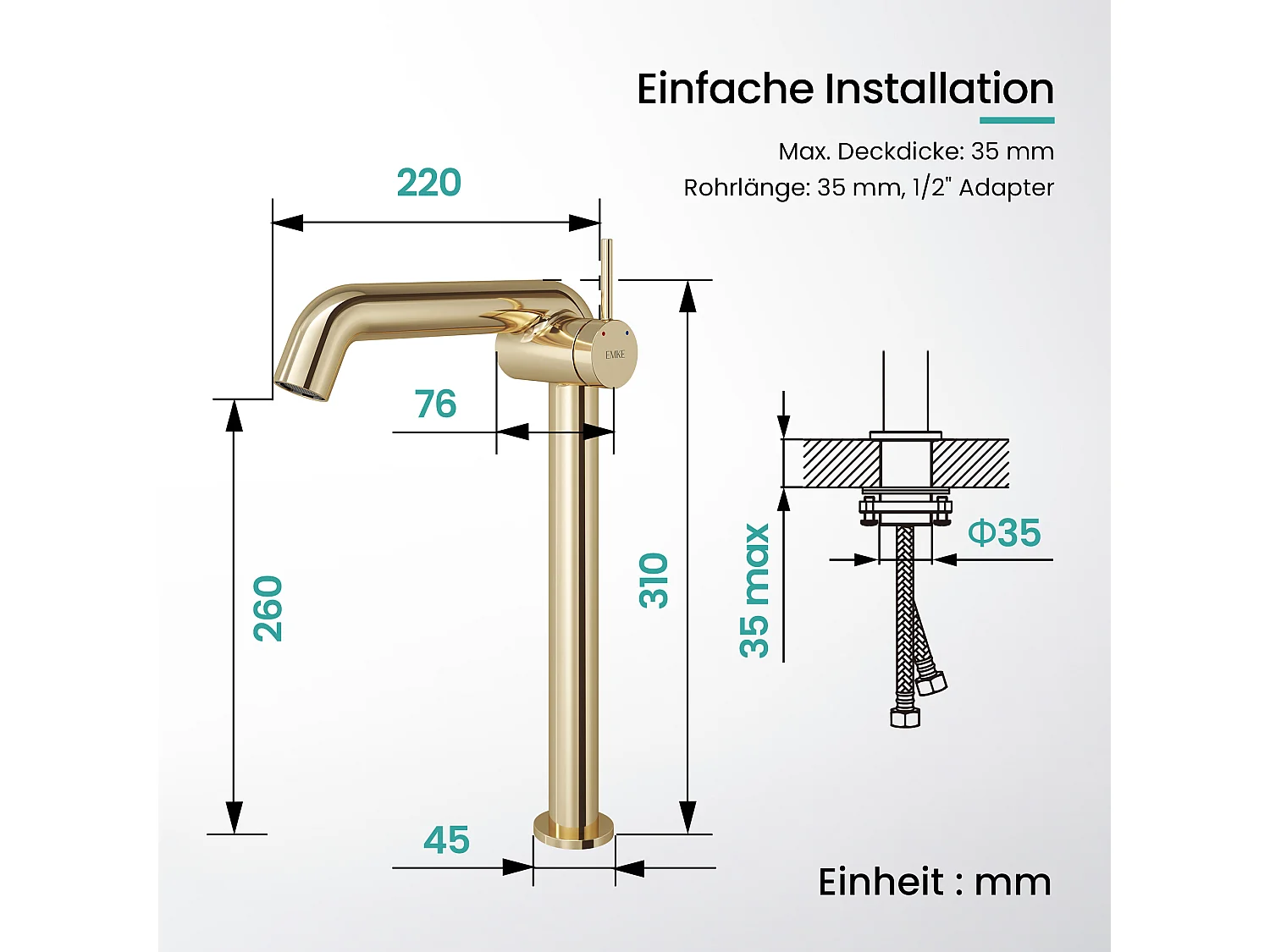 EMKE Mitigeur de lavabo haut design or champagne en laiton avec cartouche céramique H.33,2x22 cm