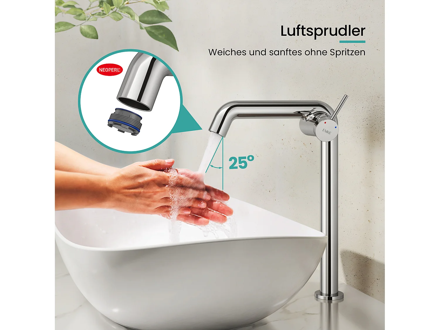 EMKE Mitigeur de lavabo haut design chromé en laiton avec cartouche céramique H.33,2x22 cm