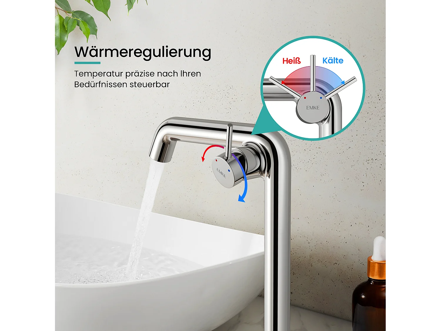 EMKE Mitigeur de lavabo haut design chromé en laiton avec cartouche céramique H.33,2x22 cm