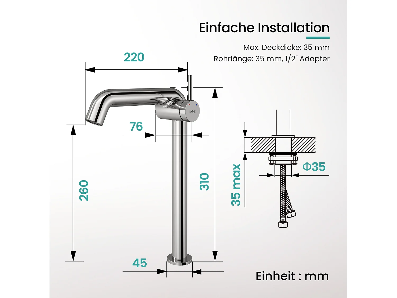 EMKE Mitigeur de lavabo haut design chromé en laiton avec cartouche céramique H.33,2x22 cm