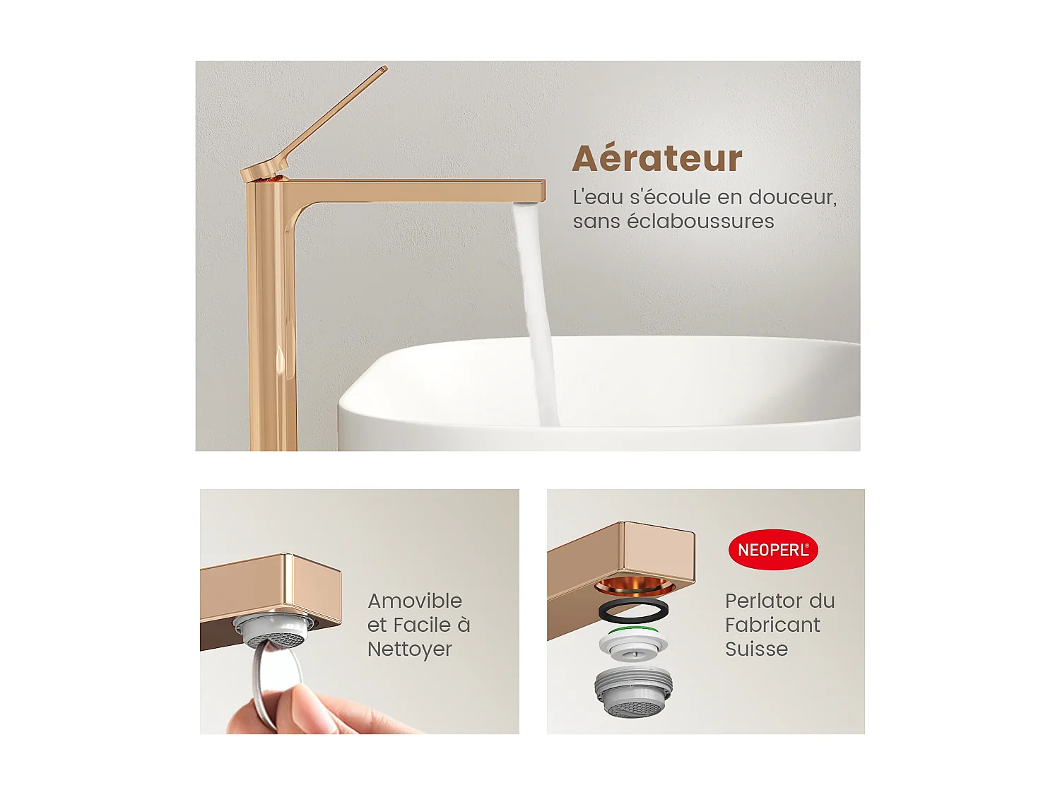 EMKE Mitigeur de lavabo haut salle de bain or rose cartouche céramique laiton H.33,5 x L.23,3 cm