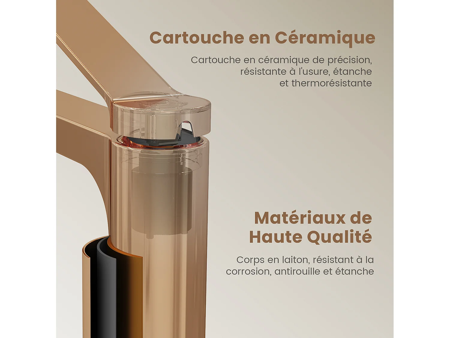 EMKE Mitigeur de lavabo haut salle de bain or rose cartouche céramique laiton H.33,5 x L.23,3 cm