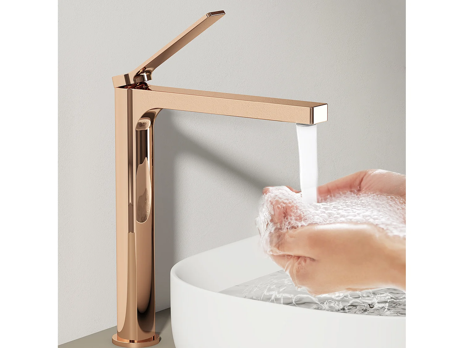 EMKE Mitigeur de lavabo haut salle de bain or rose cartouche céramique laiton H.33,5 x L.23,3 cm