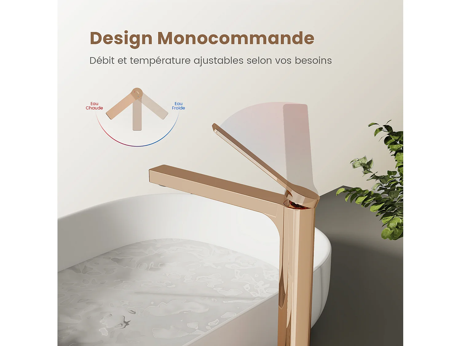 EMKE Mitigeur de lavabo haut salle de bain or rose cartouche céramique laiton H.33,5 x L.23,3 cm