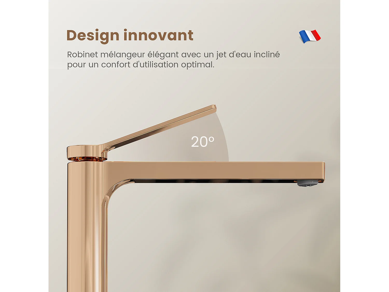 EMKE Mitigeur de lavabo haut salle de bain or rose cartouche céramique laiton H.33,5 x L.23,3 cm