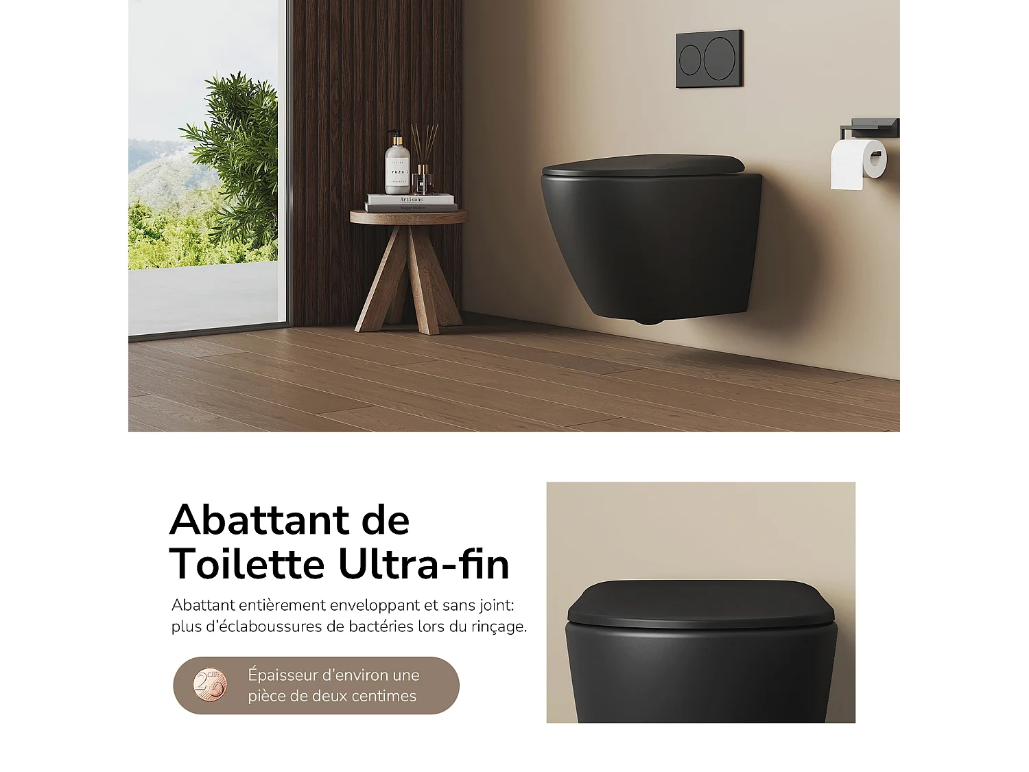 EMKE WC Suspendu Noir Mat en Céramique, Sans Bord, Double Chasse, Abattant UF Amovible Frein de Chute 370x370x490 mm