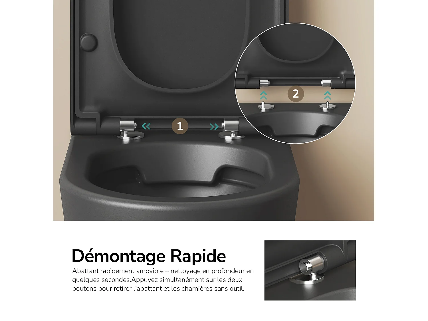 EMKE WC Suspendu Noir Mat en Céramique, Sans Bord, Double Chasse, Abattant UF Amovible Frein de Chute 370x370x490 mm