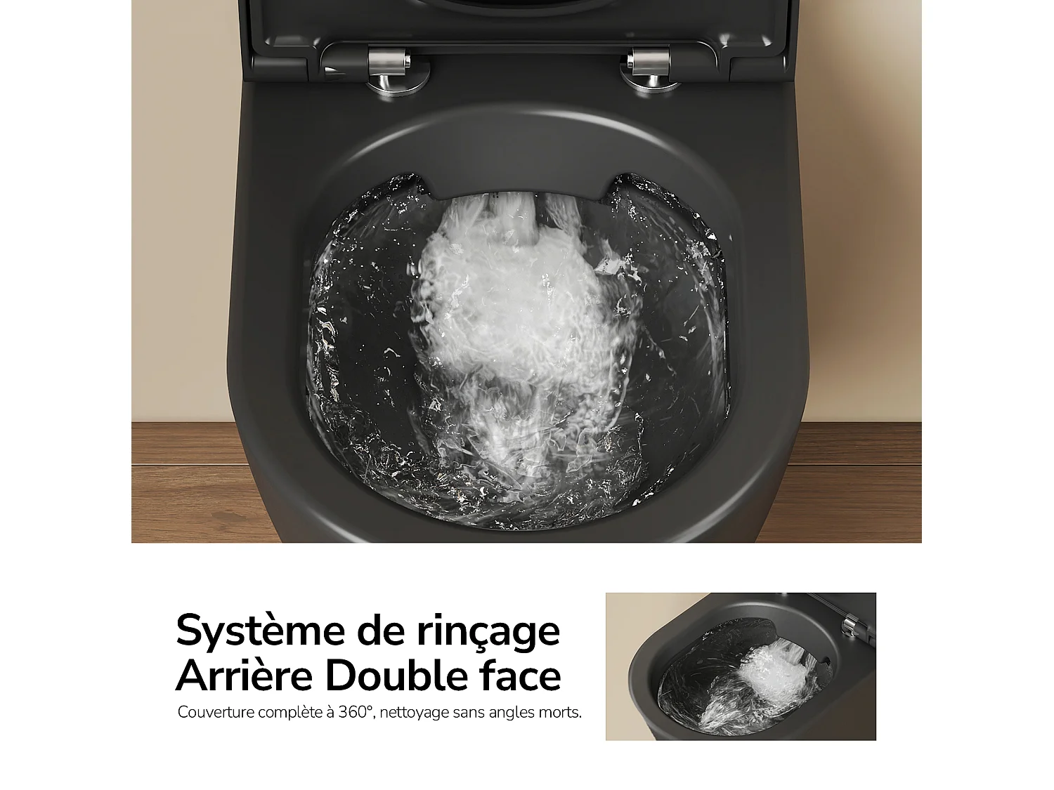 EMKE WC Suspendu Noir Mat en Céramique, Sans Bord, Double Chasse, Abattant UF Amovible Frein de Chute 370x370x490 mm