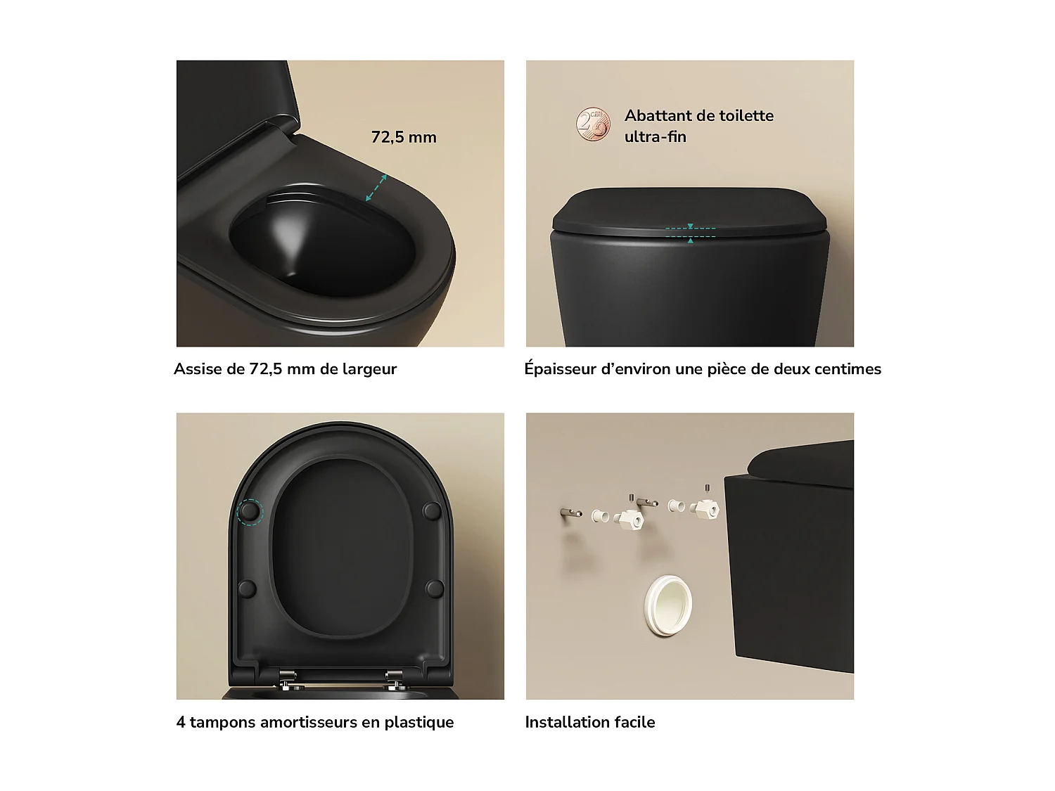 EMKE WC Suspendu Noir Mat en Céramique, Sans Bord, Double Chasse, Abattant UF Amovible Frein de Chute 370x370x490 mm