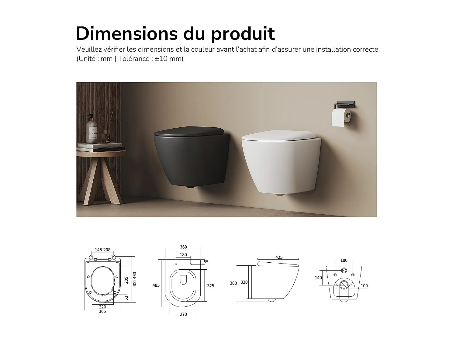 EMKE WC Suspendu Noir Mat en Céramique, Sans Bord, Double Chasse, Abattant UF Amovible Frein de Chute 370x370x490 mm