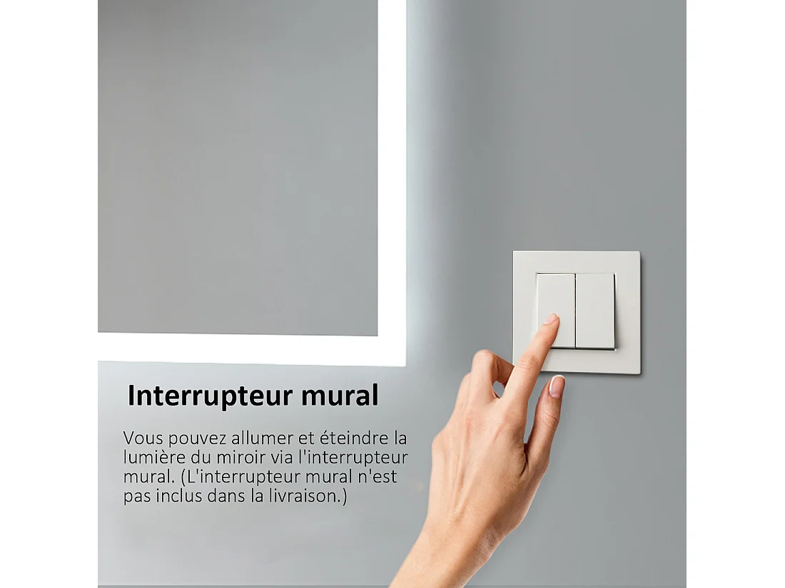 EMKE Specchio LED da bagno 50 x 70 cm, Illuminazione LED integrata, Luce bianca fredda 6500 K, Interruttore a parete
