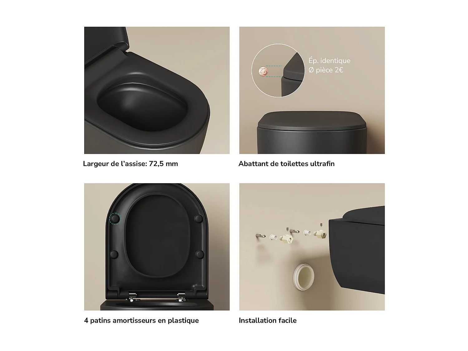 EMKE Toilettes Suspendue 555x365x355 mm Noir Mat, Design Sans Bord, Abattant à Fermeture Douce et Démontage Facile