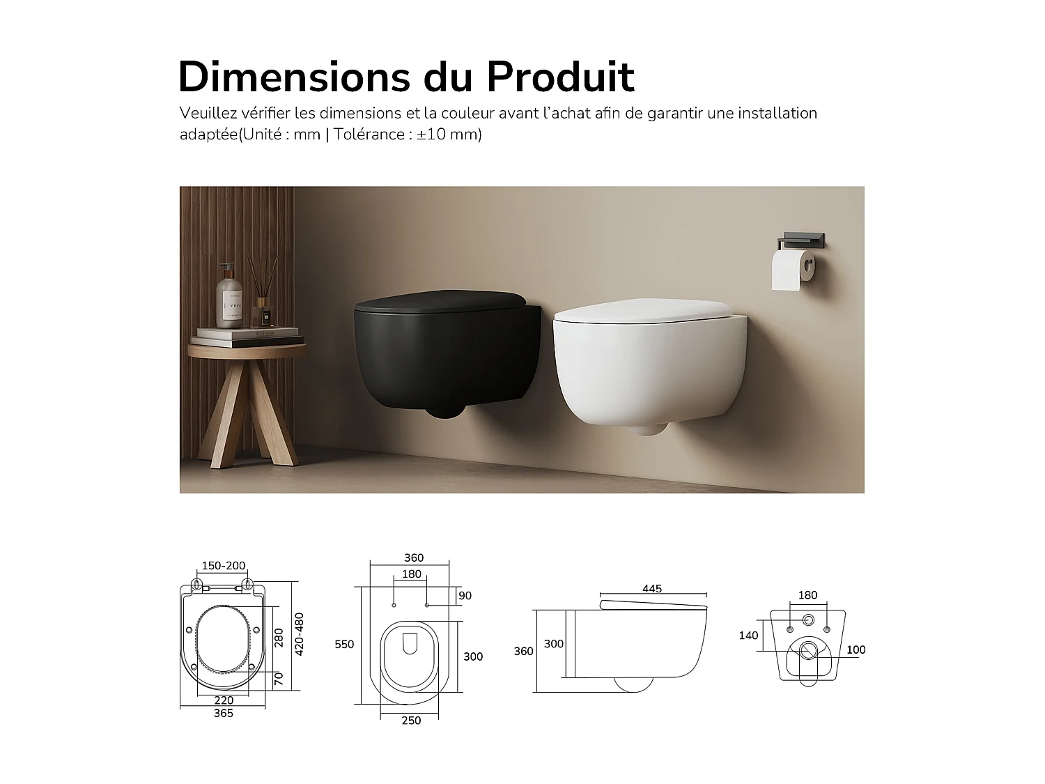 EMKE Toilettes Suspendue 555x365x355 mm Noir Mat, Design Sans Bord, Abattant à Fermeture Douce et Démontage Facile