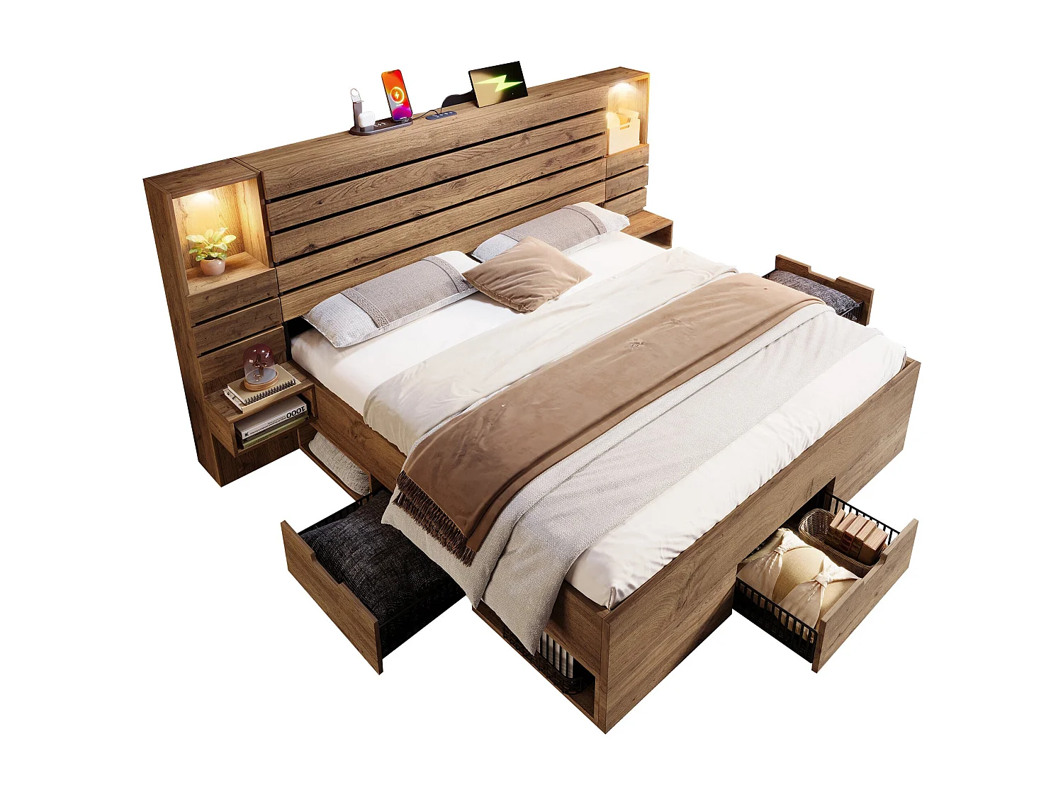 Lit double 160x200 cm bois chêne, LED, USB-C, niche lumineuse, tables de chevet, tiroirs (sans matelas)
