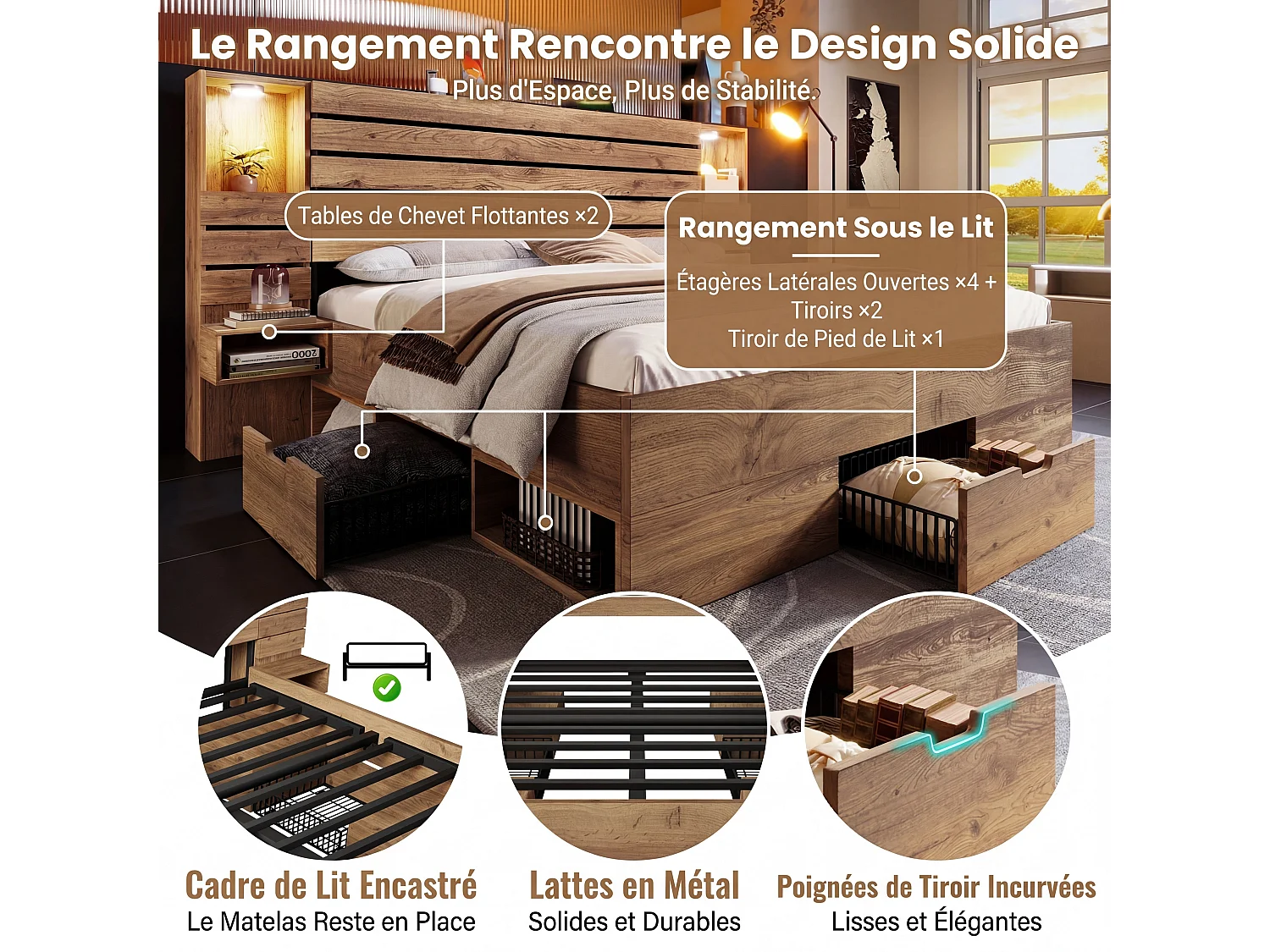 Lit double 160x200 cm bois chêne, LED, USB-C, niche lumineuse, tables de chevet, tiroirs (sans matelas)
