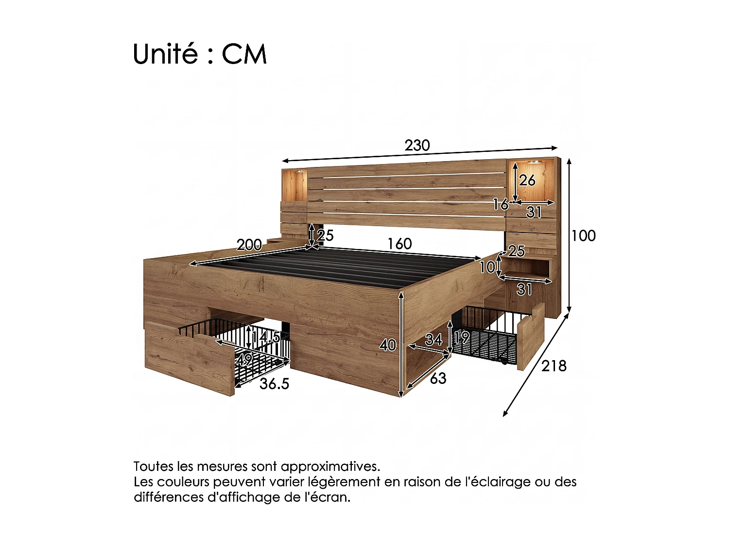 Lit double 160x200 cm bois chêne, LED, USB-C, niche lumineuse, tables de chevet, tiroirs (sans matelas)