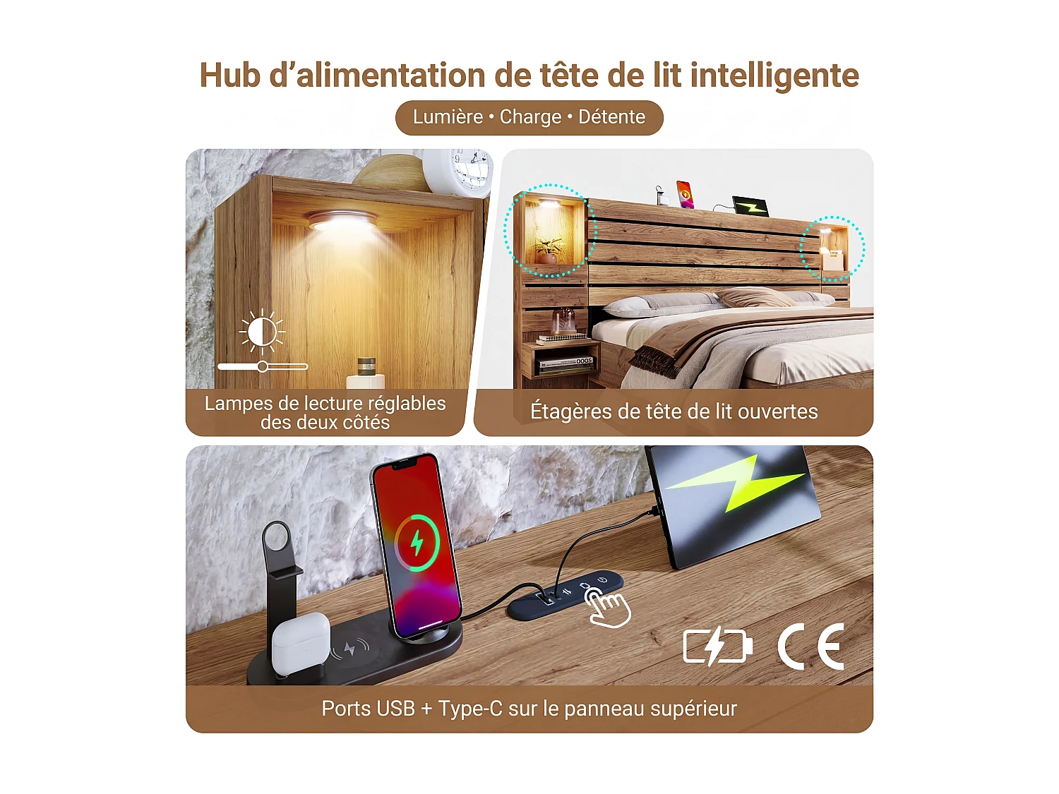 Lit double 180x200 cm bois chêne, LED, USB-C, niche lumineuse, tables de chevet, tiroirs (sans matelas)