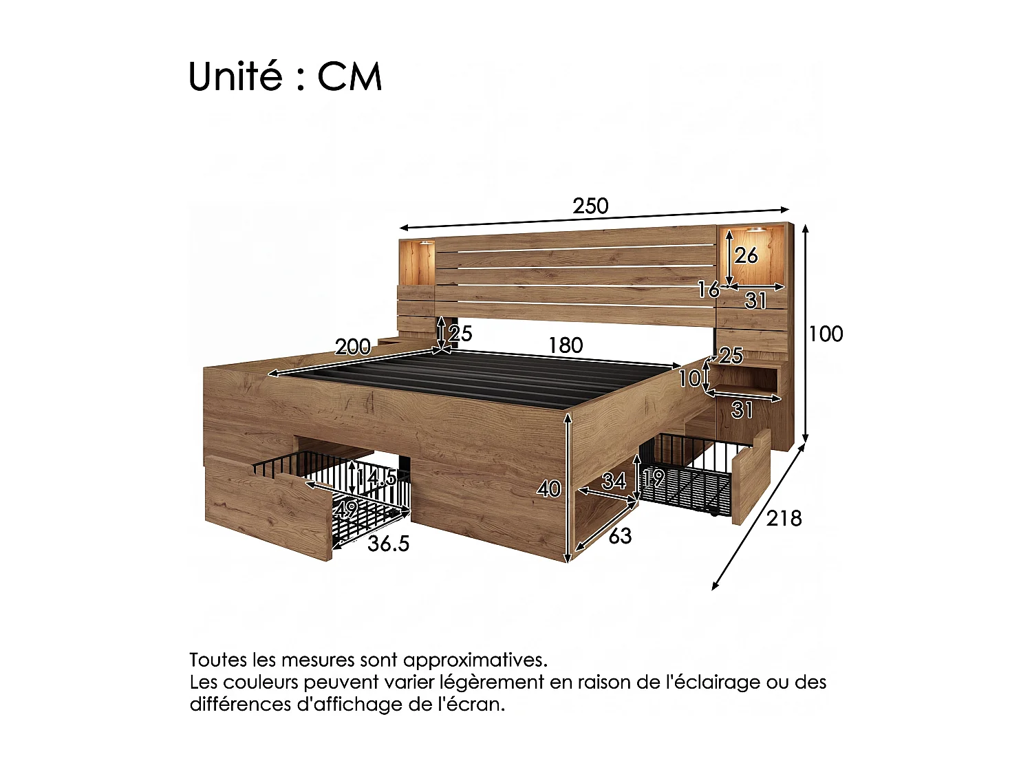 Lit double 180x200 cm bois chêne, LED, USB-C, niche lumineuse, tables de chevet, tiroirs (sans matelas)